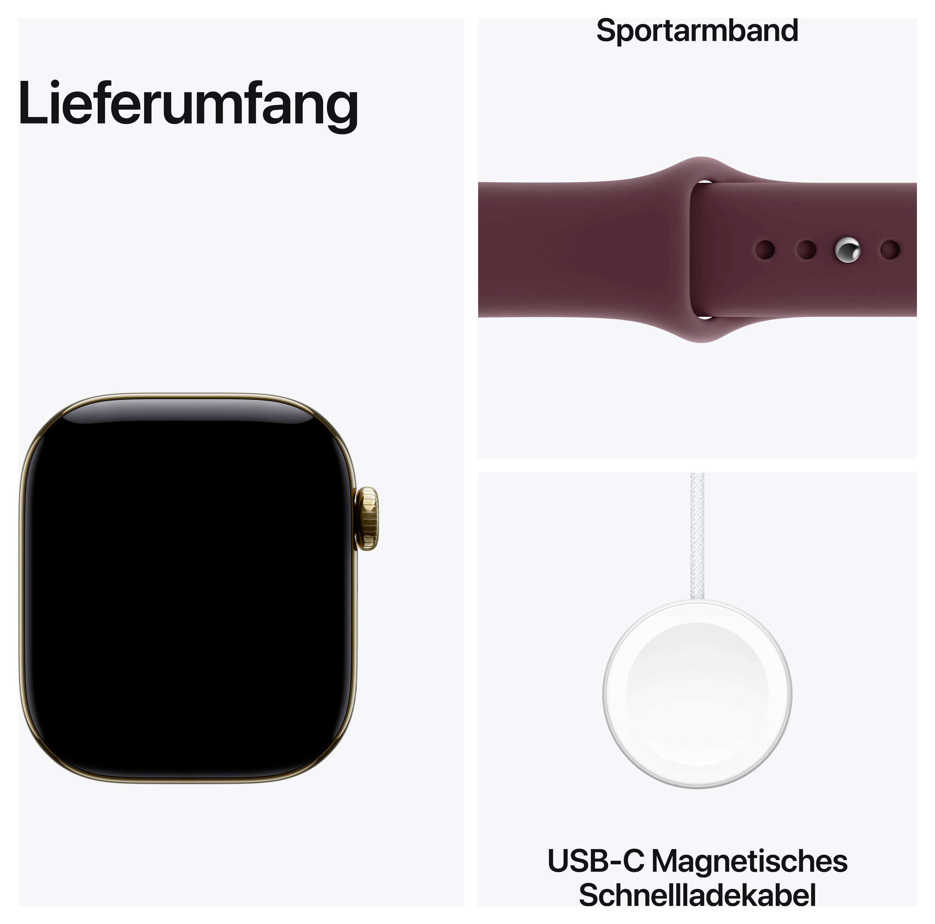 Lieferumfang einer Smartwatch: Uhr, Sportarmband und USB-C magnetisches Schnellladekabel.