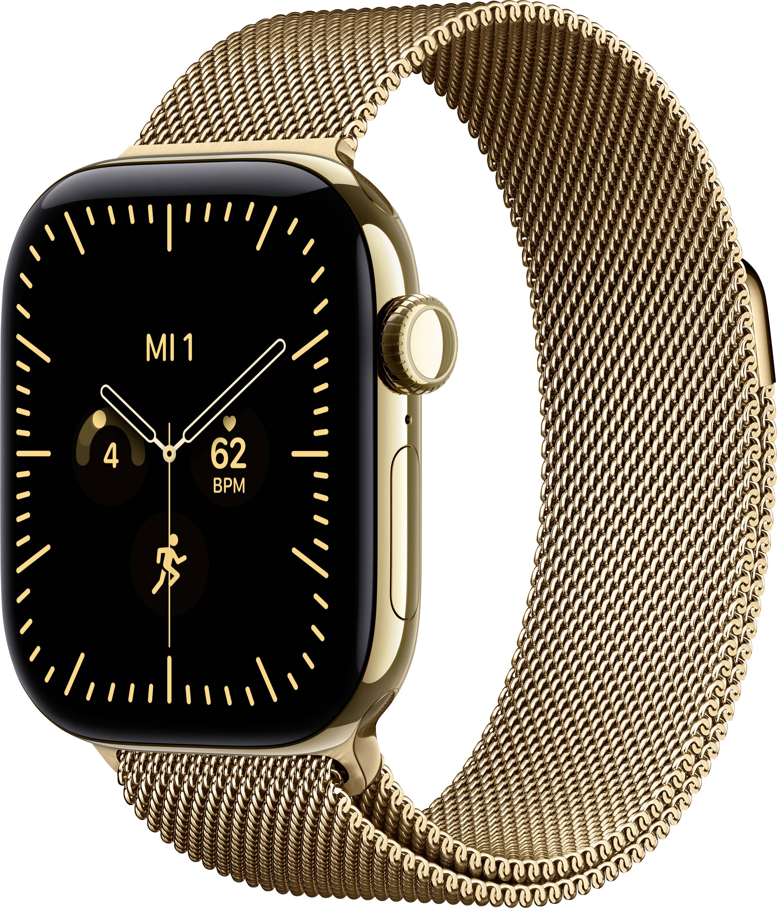 Goldene Apple Watch mit Milanaise-Armband und schwarzem analogem Zifferblatt mit Anzeige von „MI1