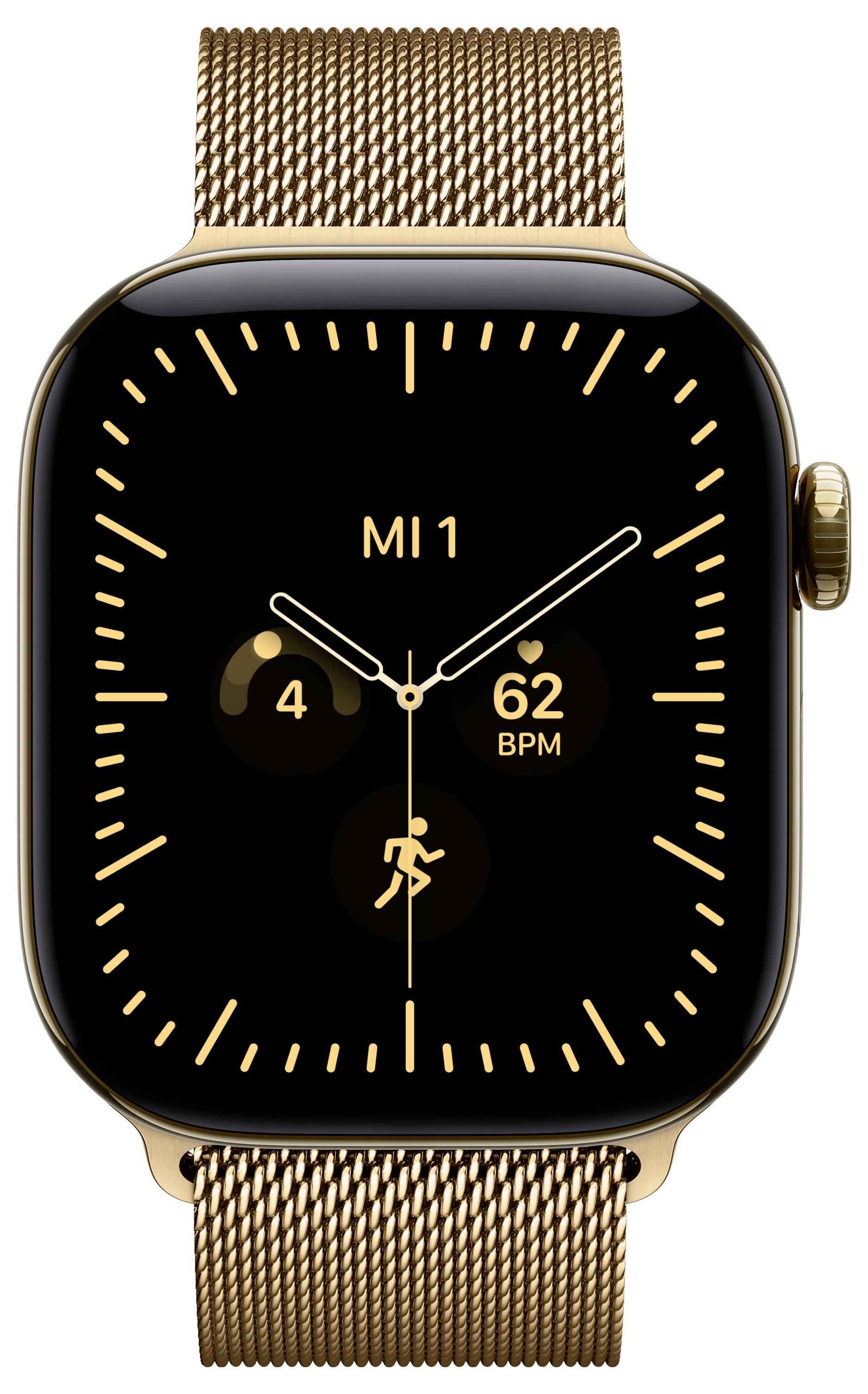 Gold Apple Watch mit schwarzem Zifferblatt zeigt „MI 1", 4 Schritte, 62 BPM und ein Aktivitätssymbol