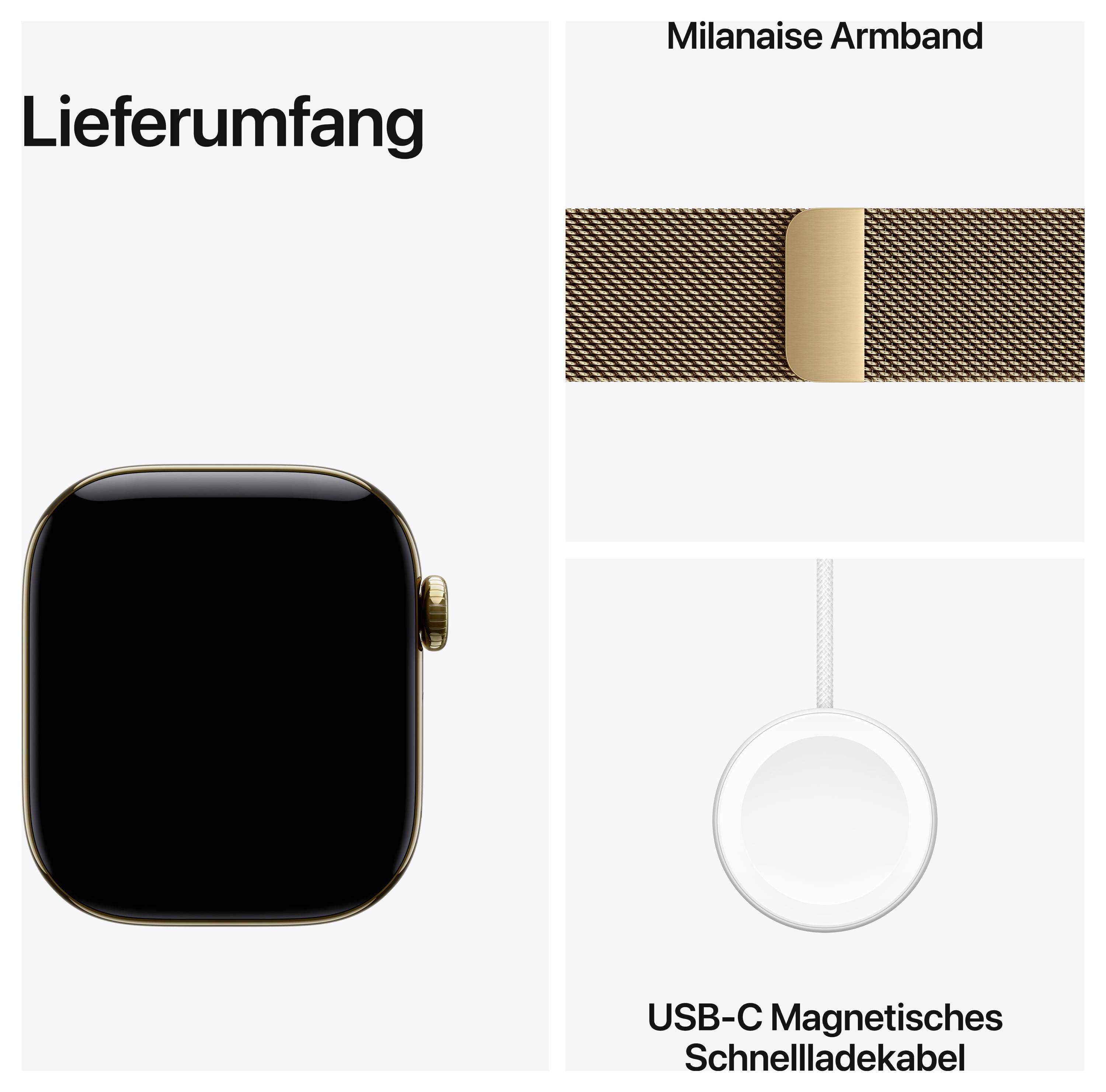 Lieferumfang eines Smartwatches: Uhrgehäuse, Milanaise-Armband und USB-C-Magnetisches Schnellladekabel.