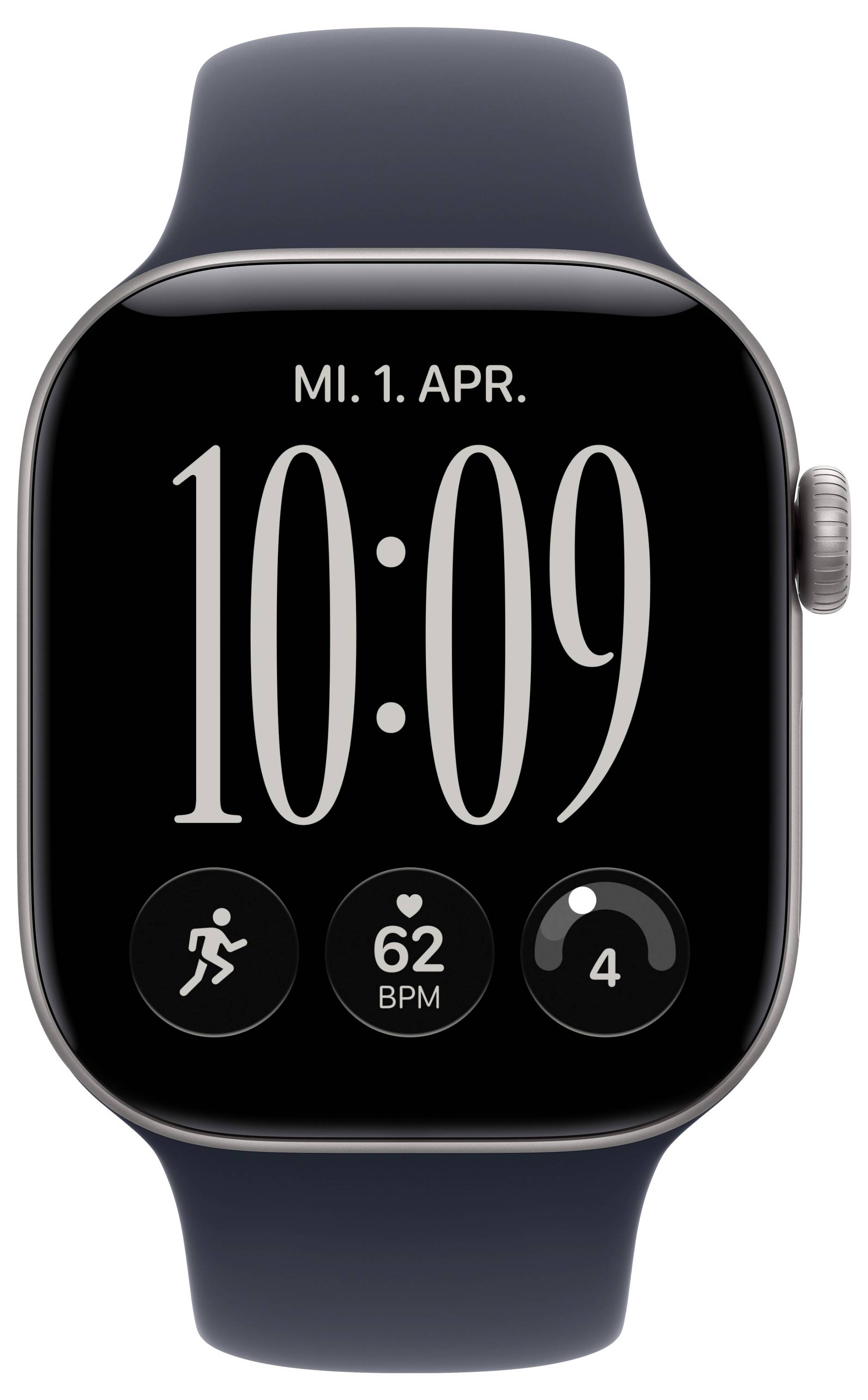 Apple Watch mit dunklem Armband, das die Uhrzeit 10:09 anzeigt, Datum MI. 1. APR., und drei Aktivitäts-Widgets einschließlich Herzfrequenz 62 BPM und einen Schritt-/Zähler-Indikator von 4.
