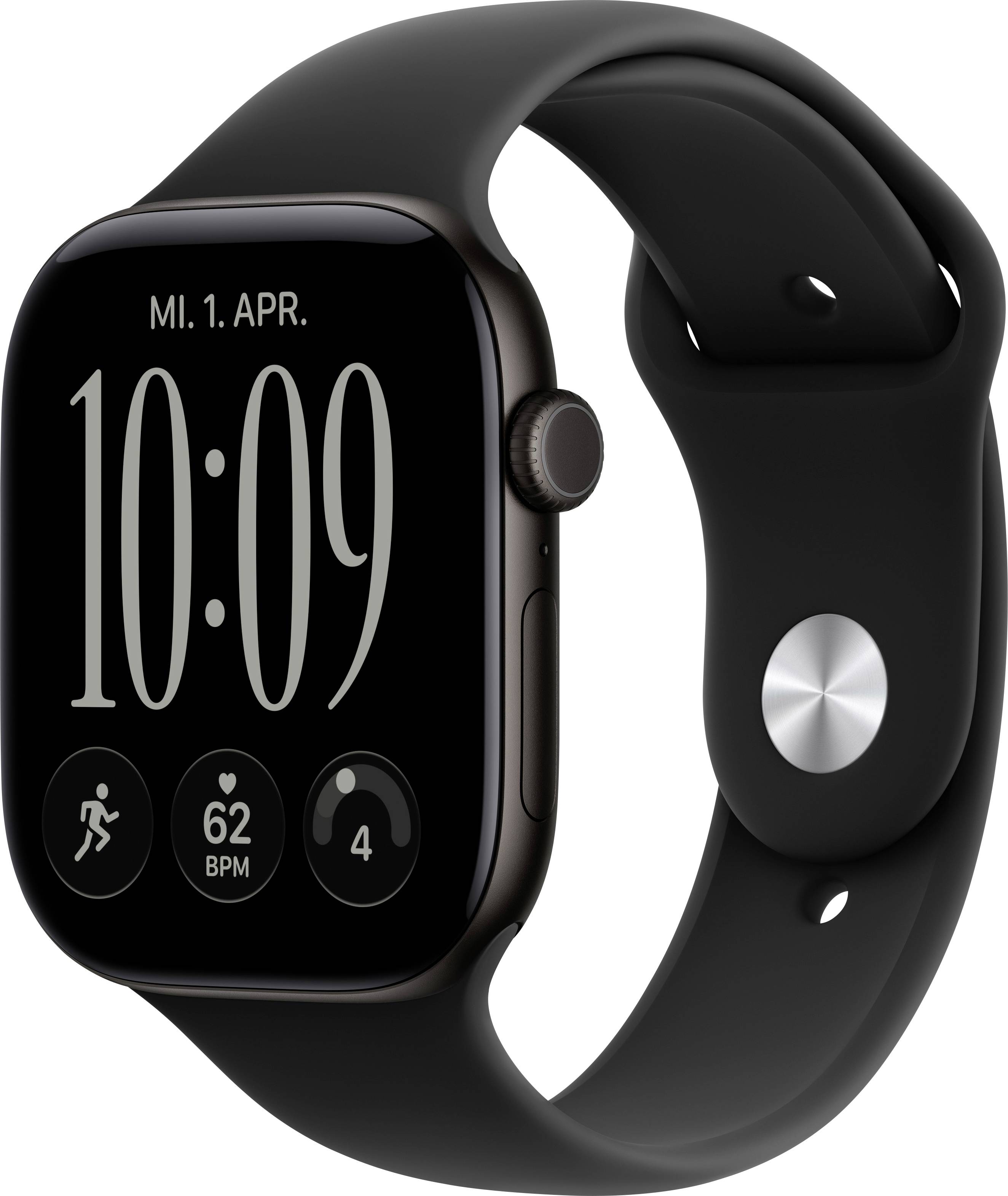 Schwarze Apple Watch zeigt 10:09 Uhr an, Datum „MI. 1. APR.