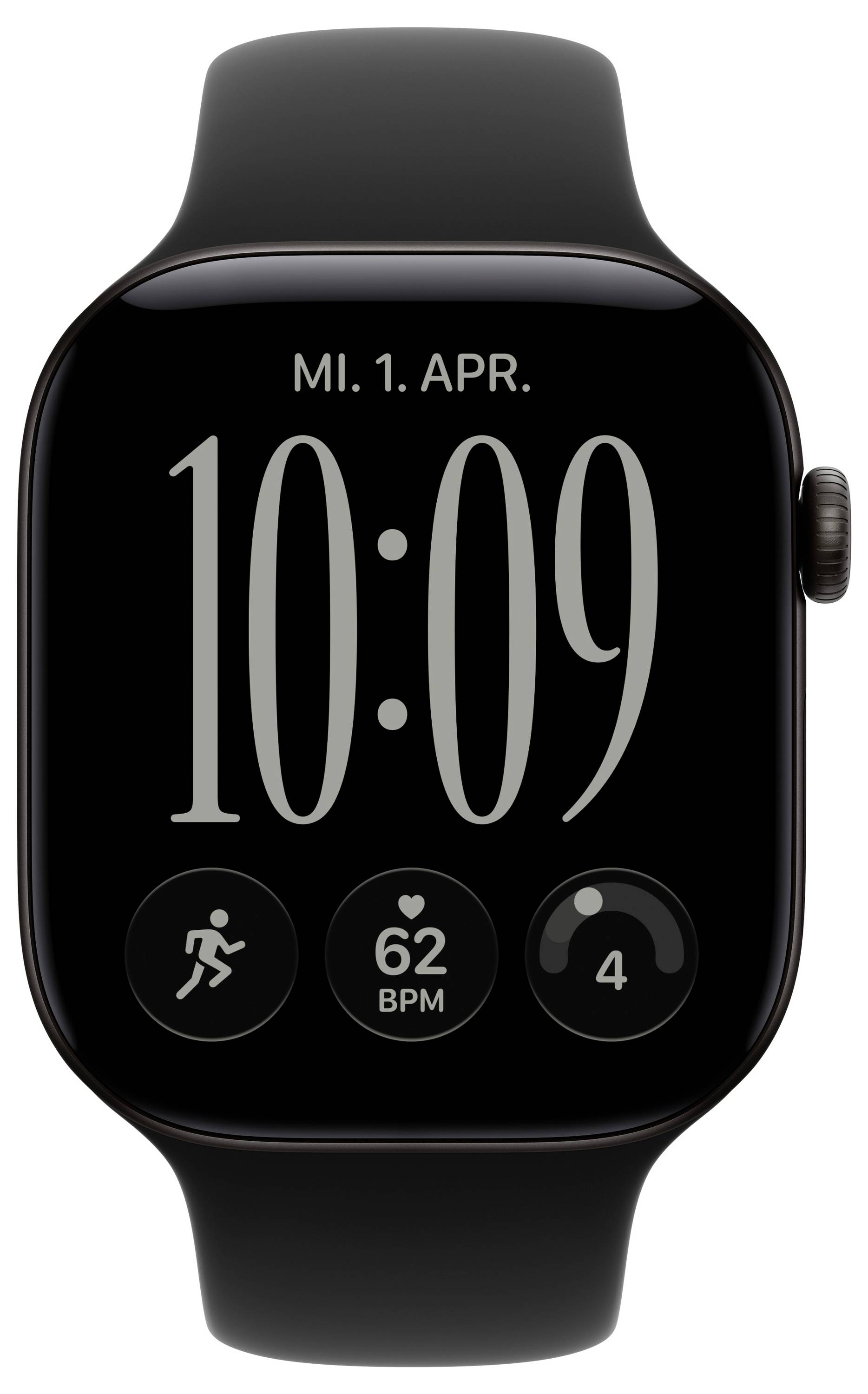 Schwarze Apple Watch mit Anzeige von „MI. 1. APR." und Uhrzeit 10:09, mit Trainings-, Herzfrequenz 62 BPM und Aktivitätsring-Komplikationen