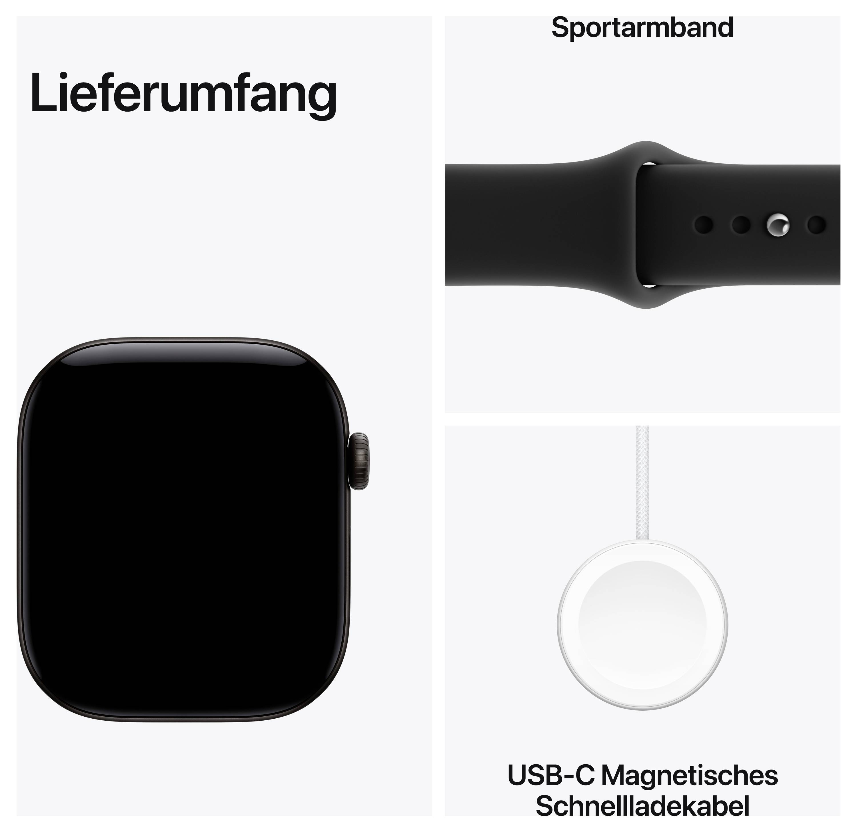 Lieferumfang: Smartwatch, Sportarmband und USB-C magnetisches Schnellladekabel.