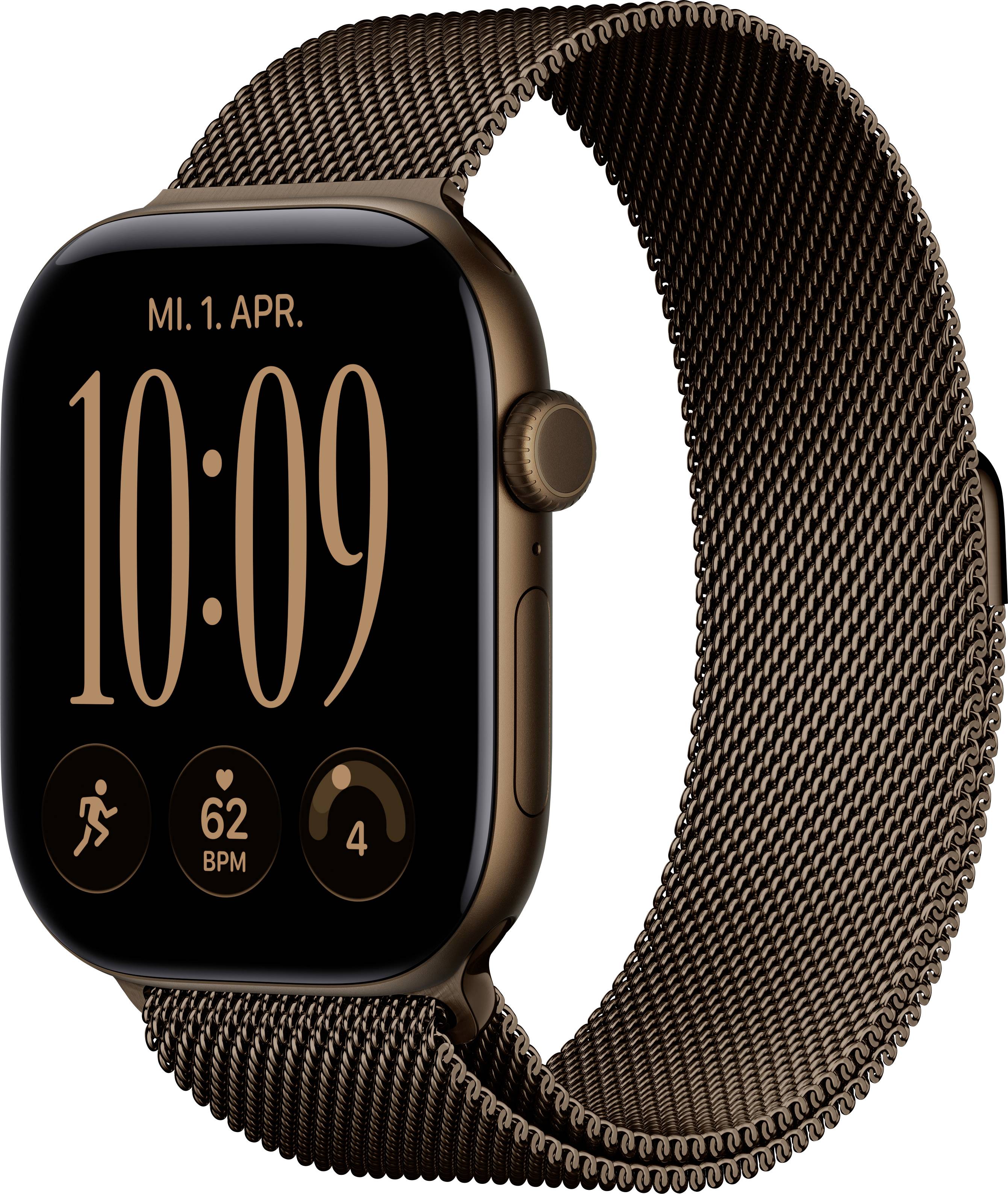 Braune Apple Watch mit Mesh-Armband, die 10:09 Uhr anzeigt und Fitness-Symbole auf dem Bildschirm zeigt, dargestellt auf weißem Hintergrund.