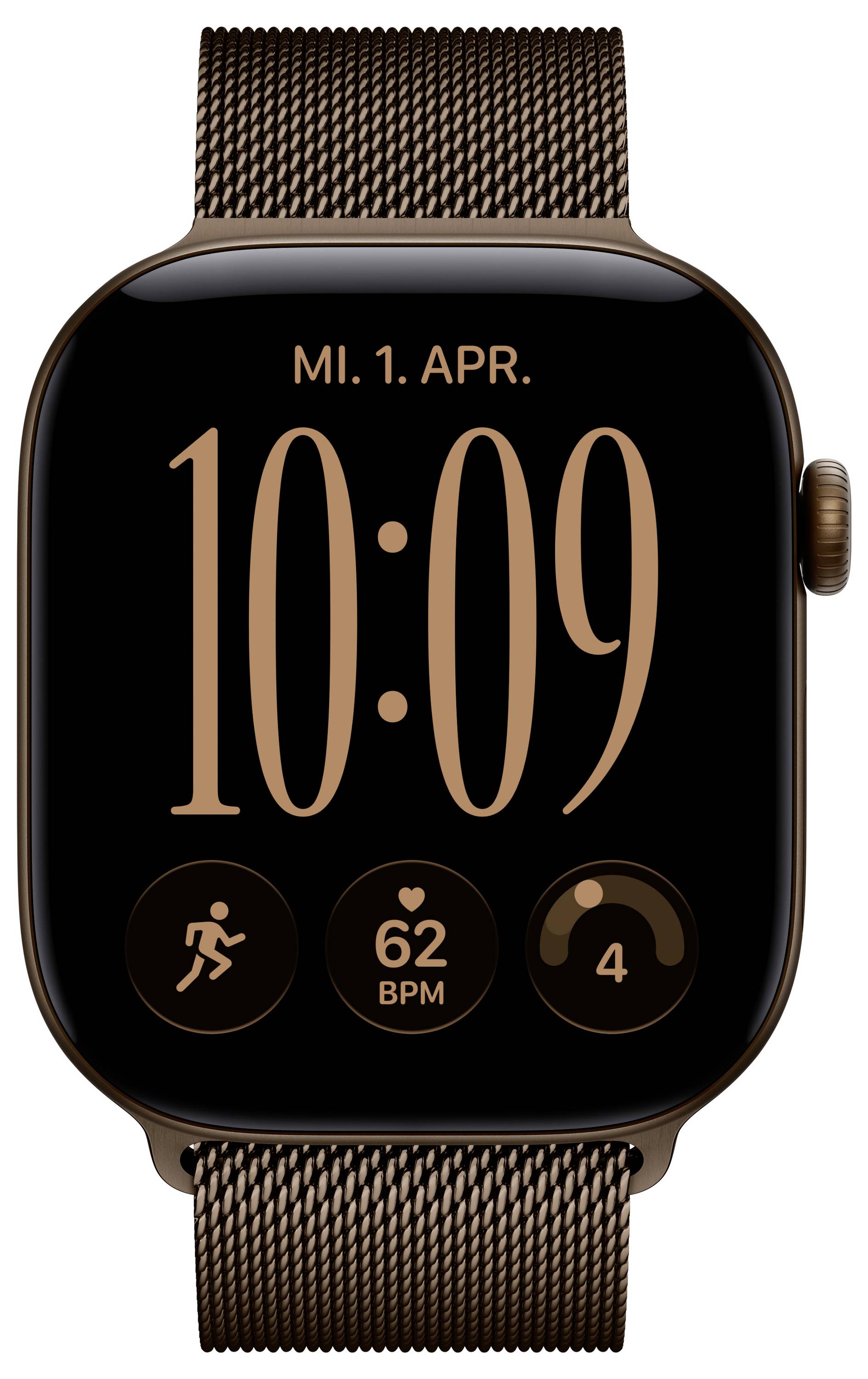 Smartwatch mit schwarzem Display und bronzefarbenem Mesh-Armband, das 10:09 Uhr anzeigt, das Datum „MI. 1. APR." und drei Aktivitäts-Widgets mit einer Herzfrequenz von 62 BPM.