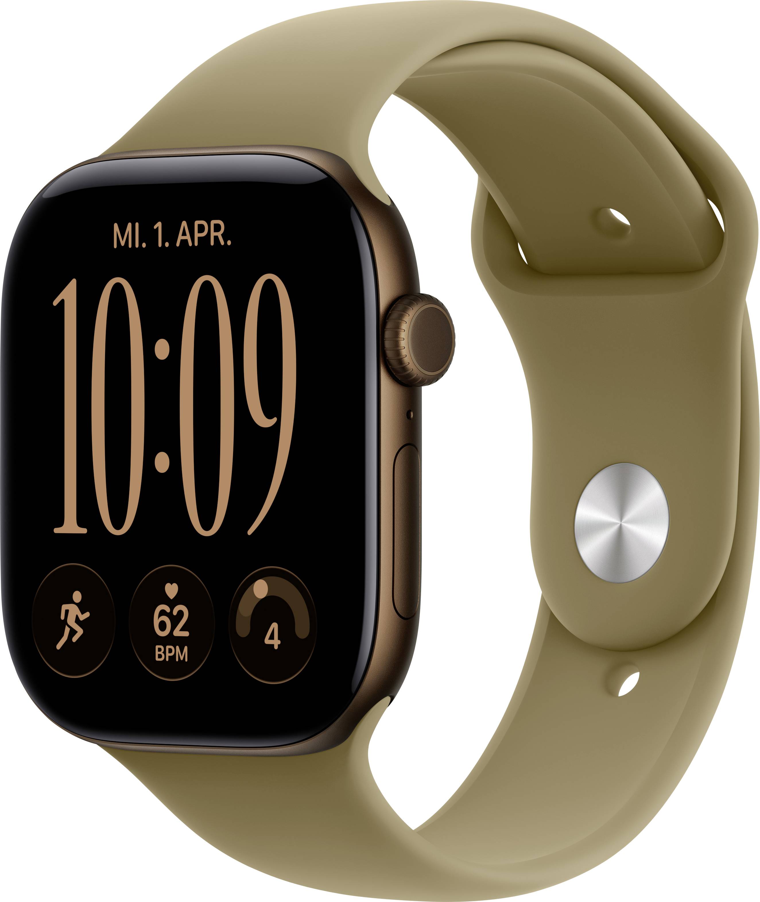 Goldene Apple Watch mit beigem Sportarmband, zeigt 10:09 Uhr, Mittwoch, 1. April und kleine Trainings-, Herzfrequenz-62 BPM- und Aktivitätssymbole auf dem Display.