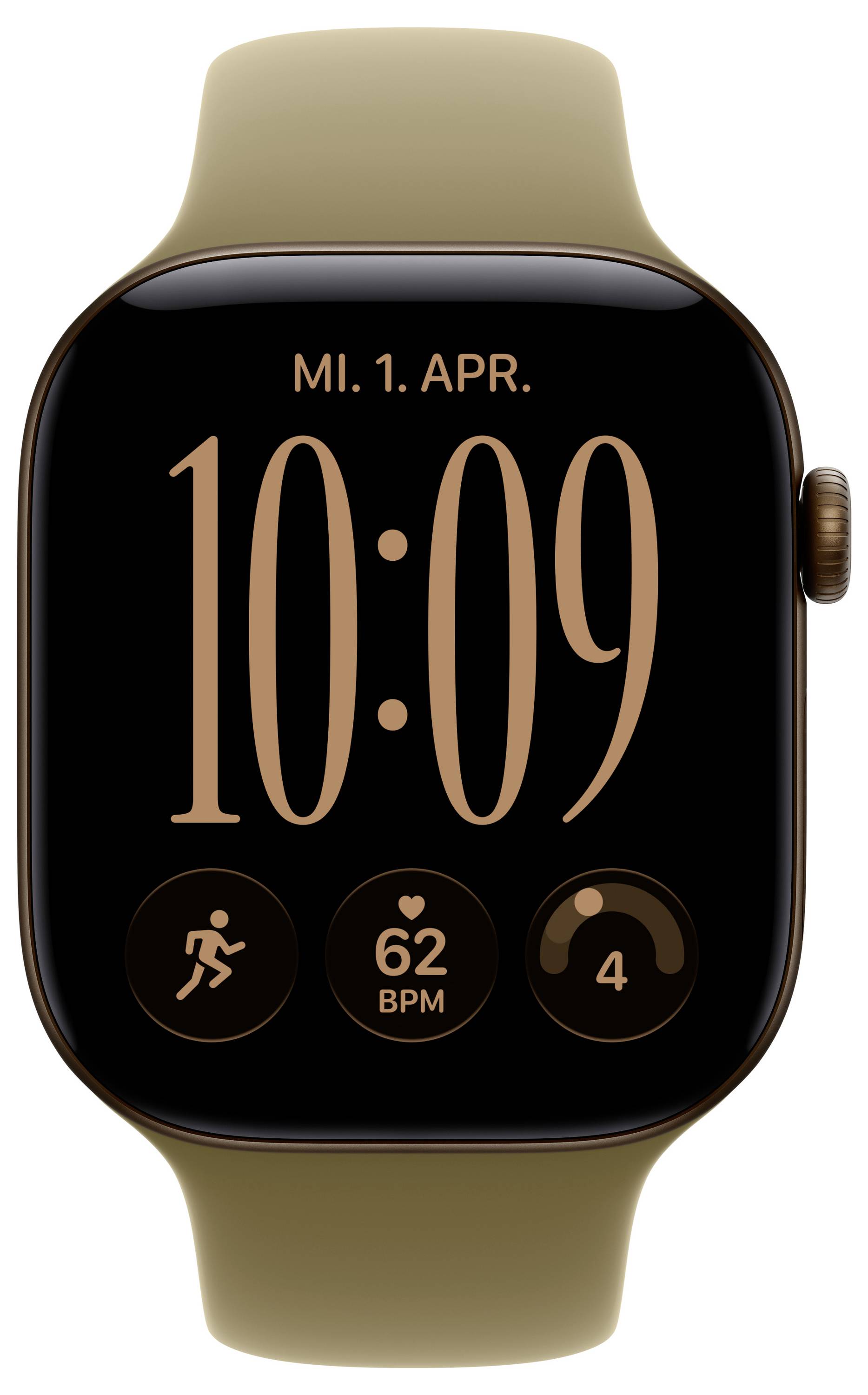 Gold Apple Watch mit schwarzem Zifferblatt, das Mi. 1. APR. und 10:09 anzeigt, sowie Trainings-, 62 BPM-Herzfrequenz- und Aktivitätsring-Symbole.