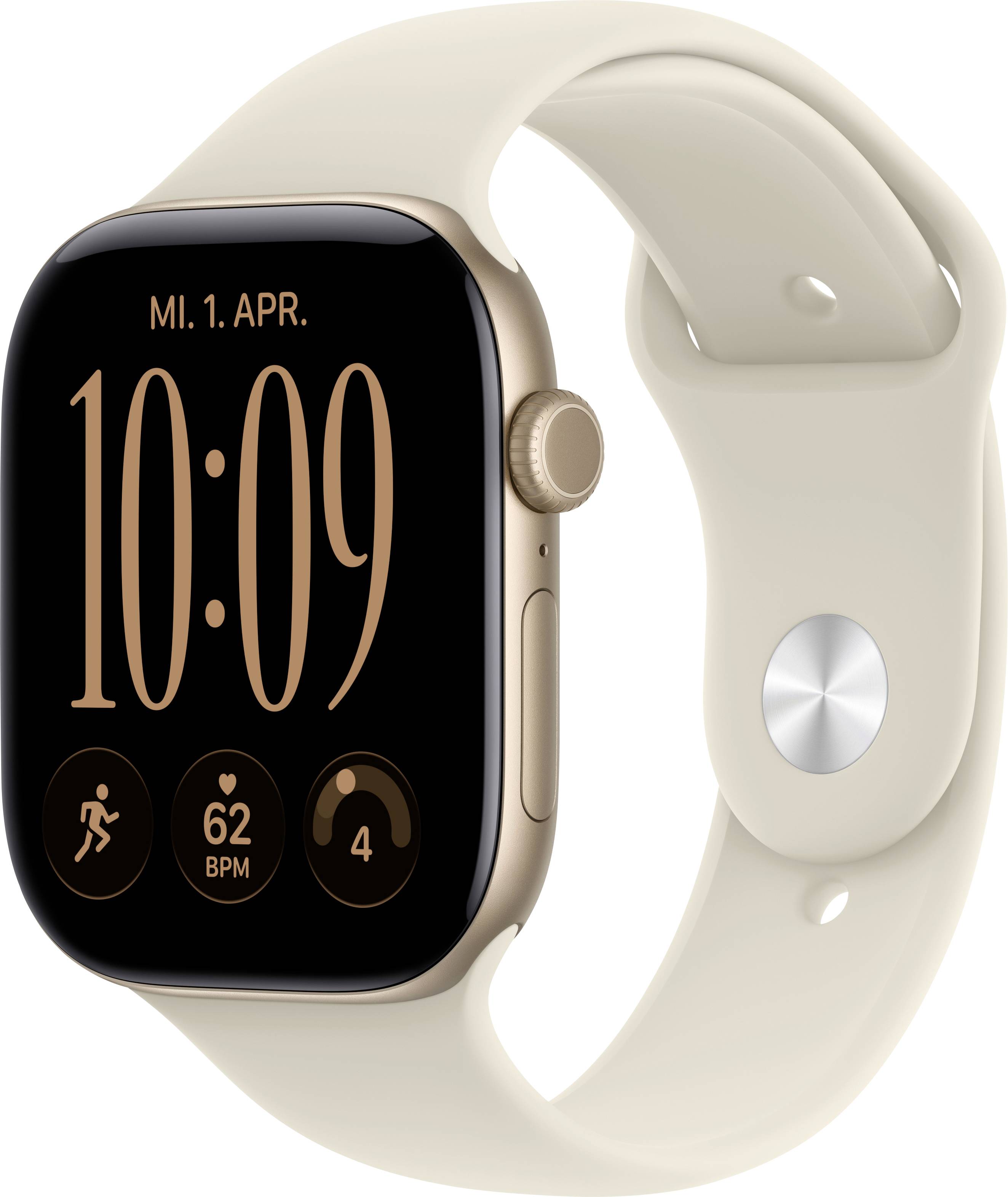 Beige Apple Watch mit goldenem Gehäuse, das 10:09 Uhr anzeigt, Datum „MI. 1. APR.