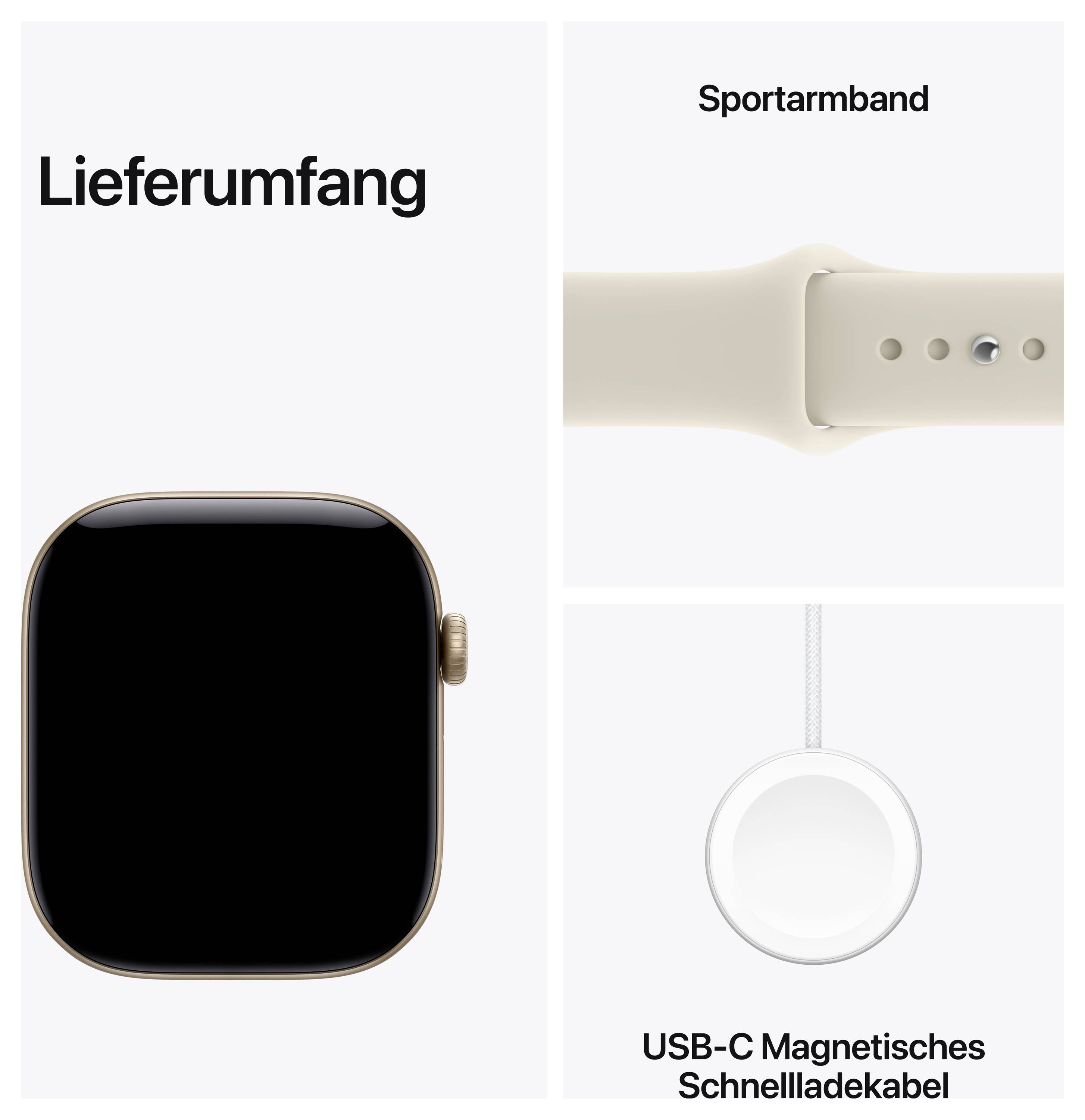 Lieferumfang: Smartwatch mit beige Sportarmband und USB-C magnetischem Schnellladekabel.