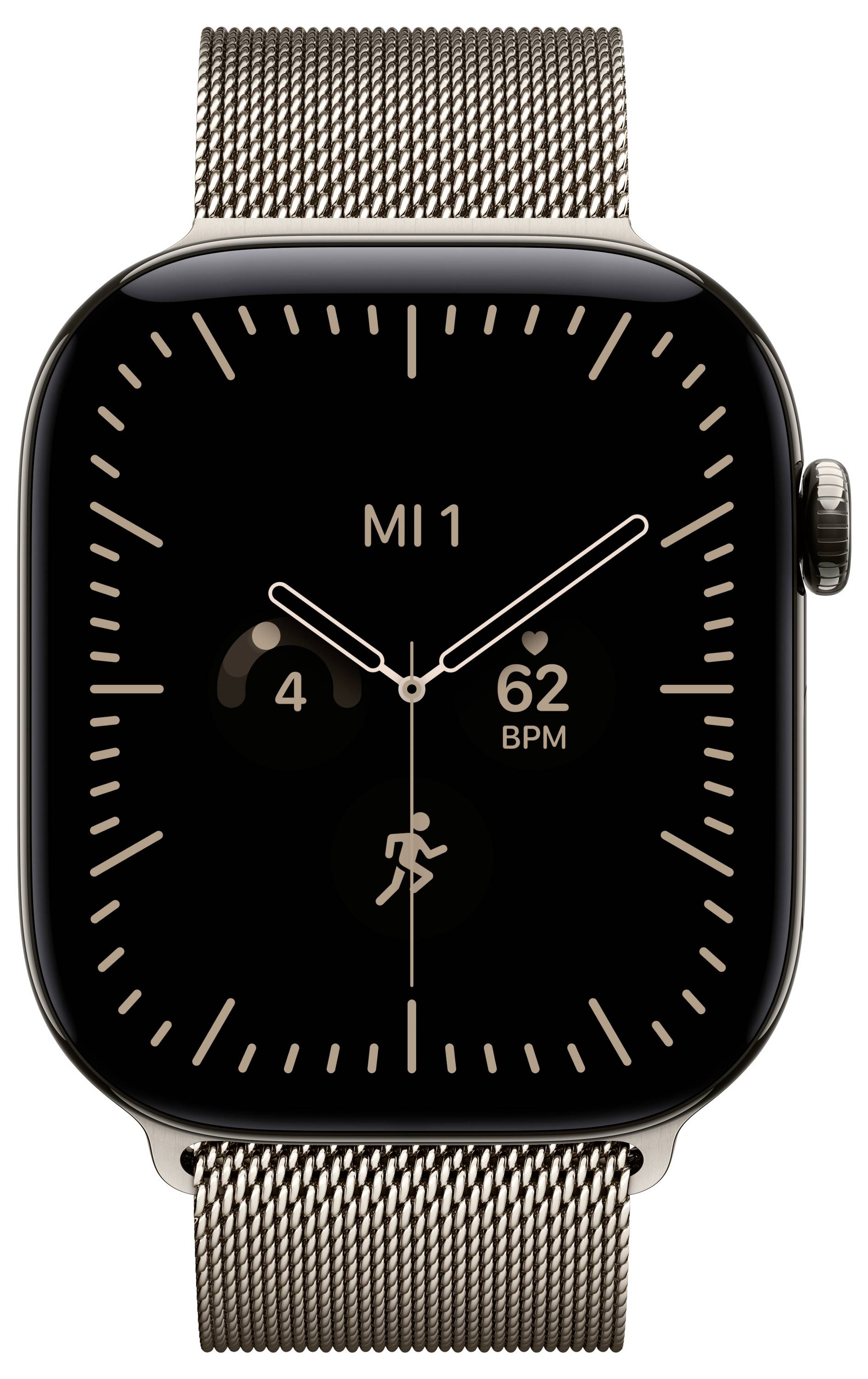 Apple Watch mit schwarzem Analog-Zifferblatt, das MI 1 anzeigt, Herzfrequenz 62 BPM, Schrittanzahl 4 und ein Trainings-Symbol auf einem Mesh-Armband.