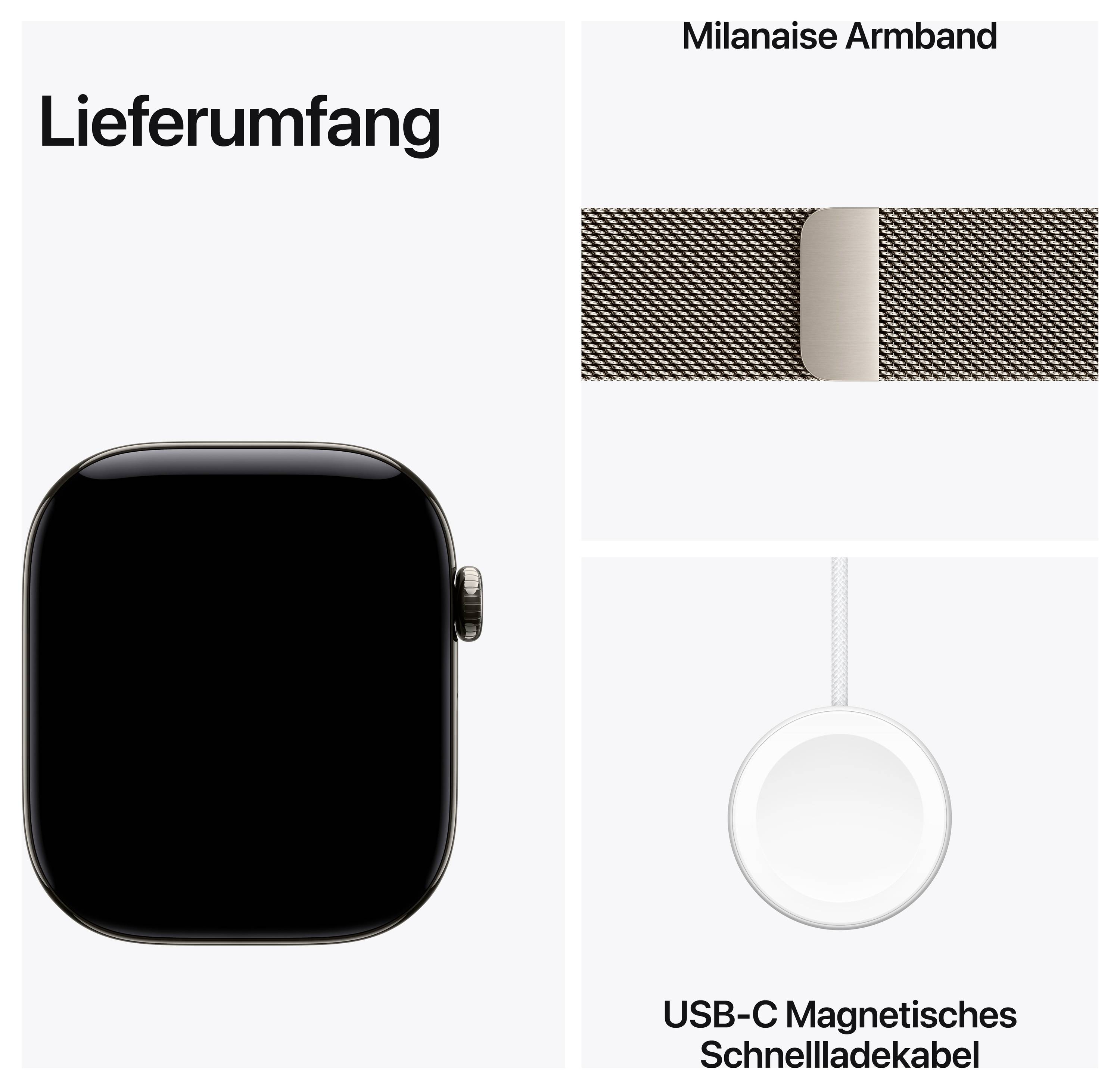 Lieferumfang eines Smartwatches: Gehäuse, Milanaise-Armband und USB-C-magnetisches Schnellladekabel.