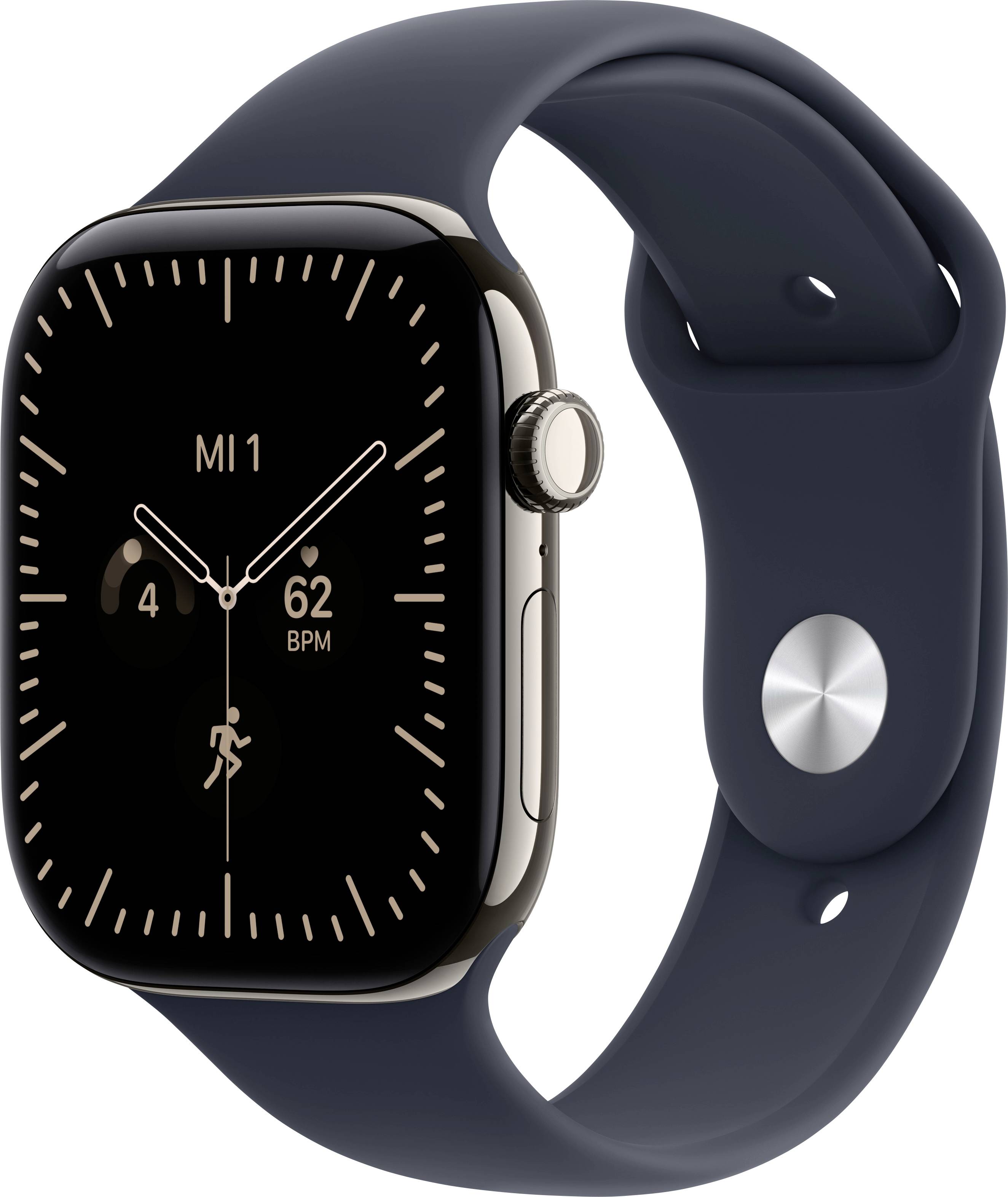 Gold-Smartwatch im Rechteckformat mit dunkelblauem Armband, Zifferblatt im Analogstil mit Anzeige 