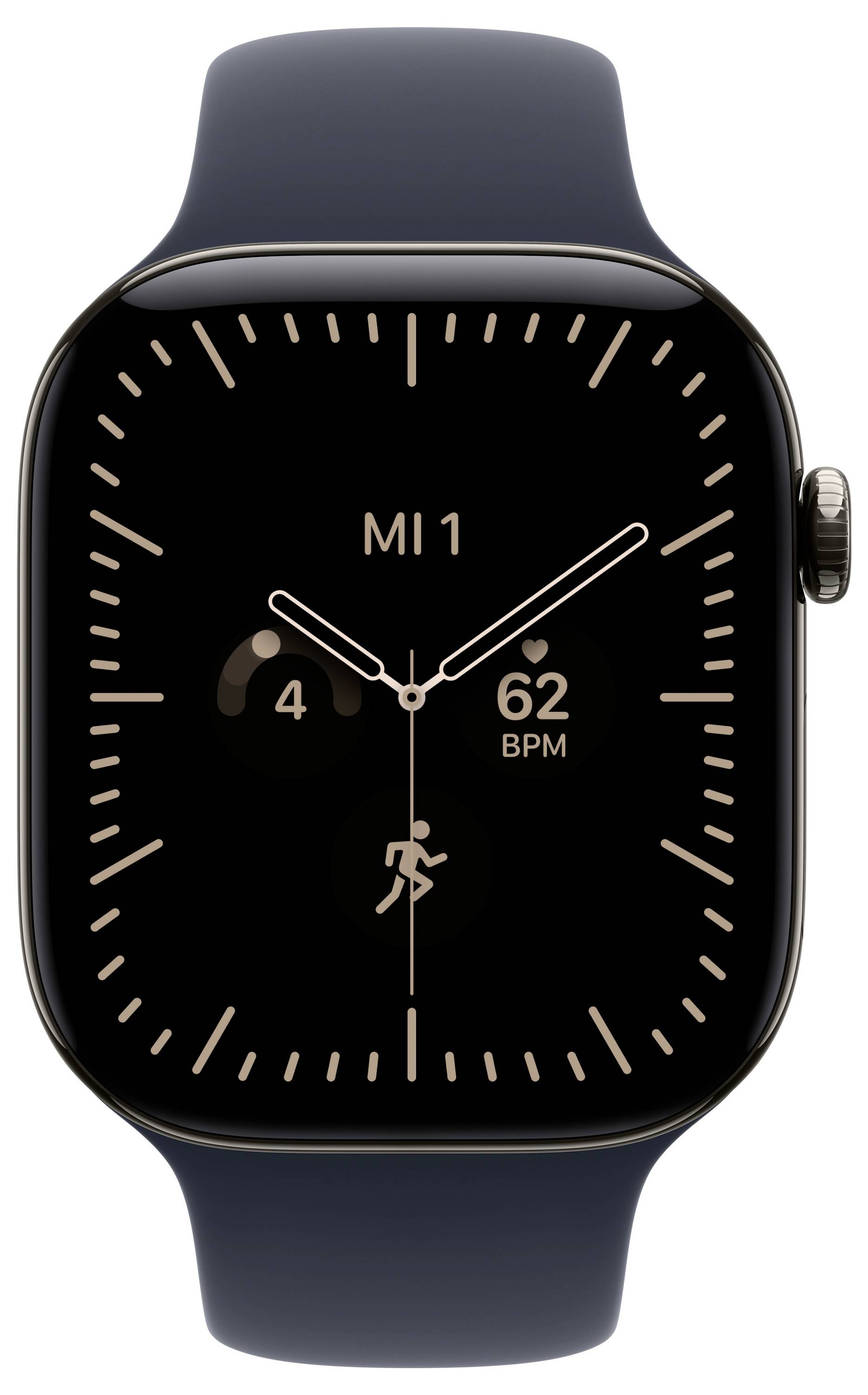 Apple Watch zeigt ein schwarzes Zifferblatt mit „MI 1", eine Herzfrequenz von 62 BPM, einen „4"-Aktivitätsring und ein Laufsymbol an.