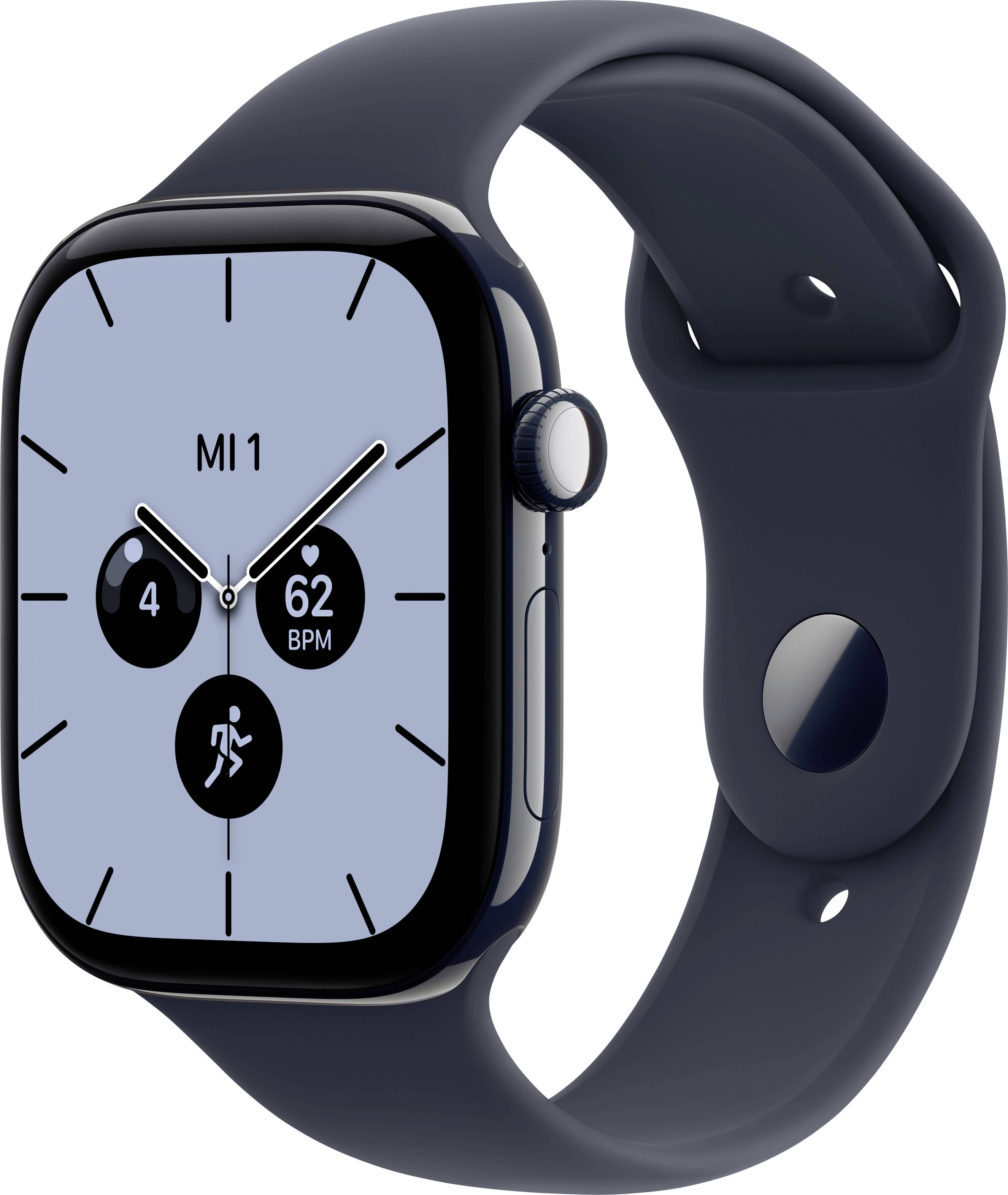 Schwarze Smartwatch mit einem hellblauen Zifferblatt im Analogstil, das 