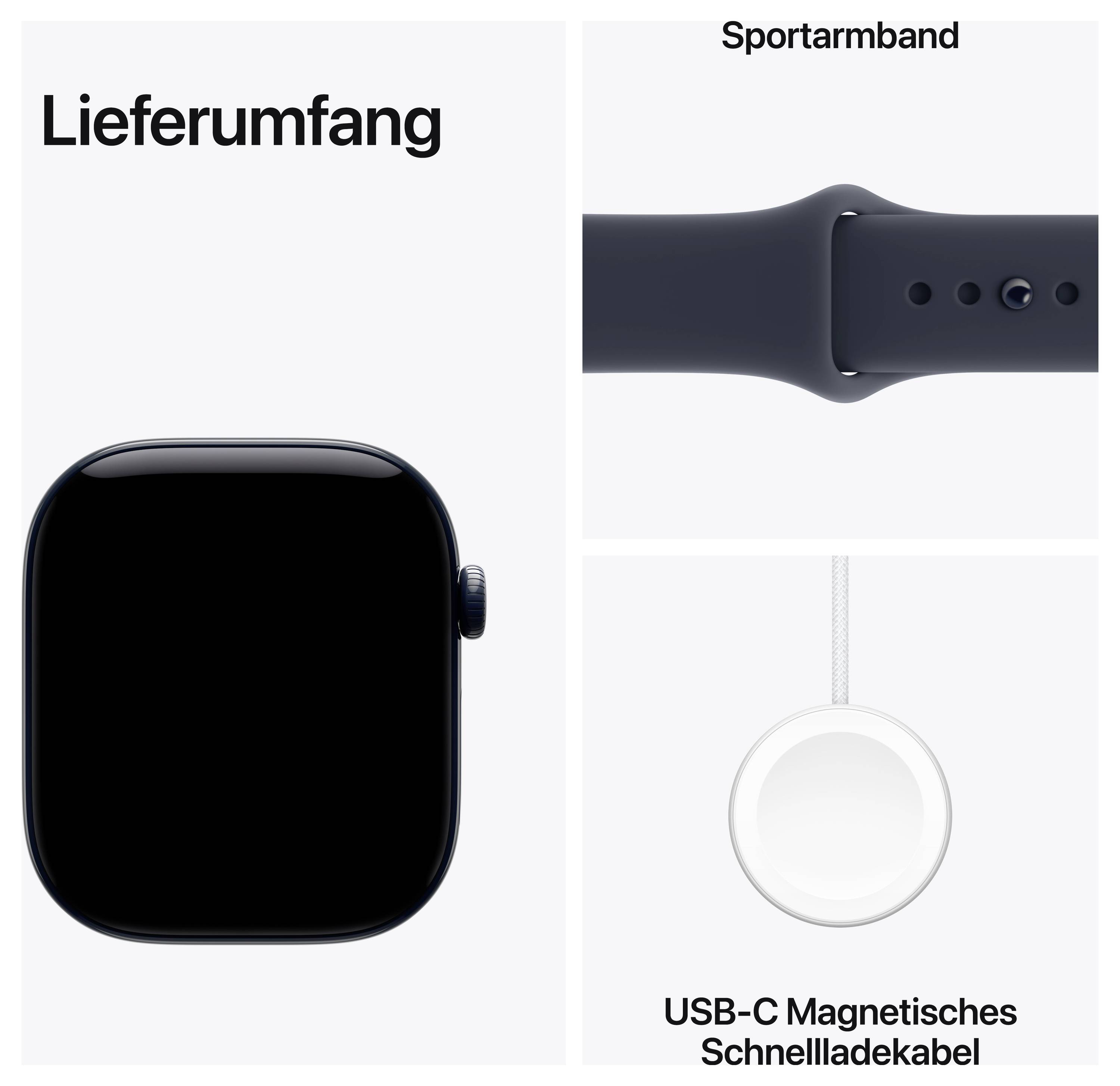 Lieferumfang einer Smartwatch: Gehäuse links, Sportarmband rechts oben und USB-C magnetisches Schnellladekabel rechts unten.