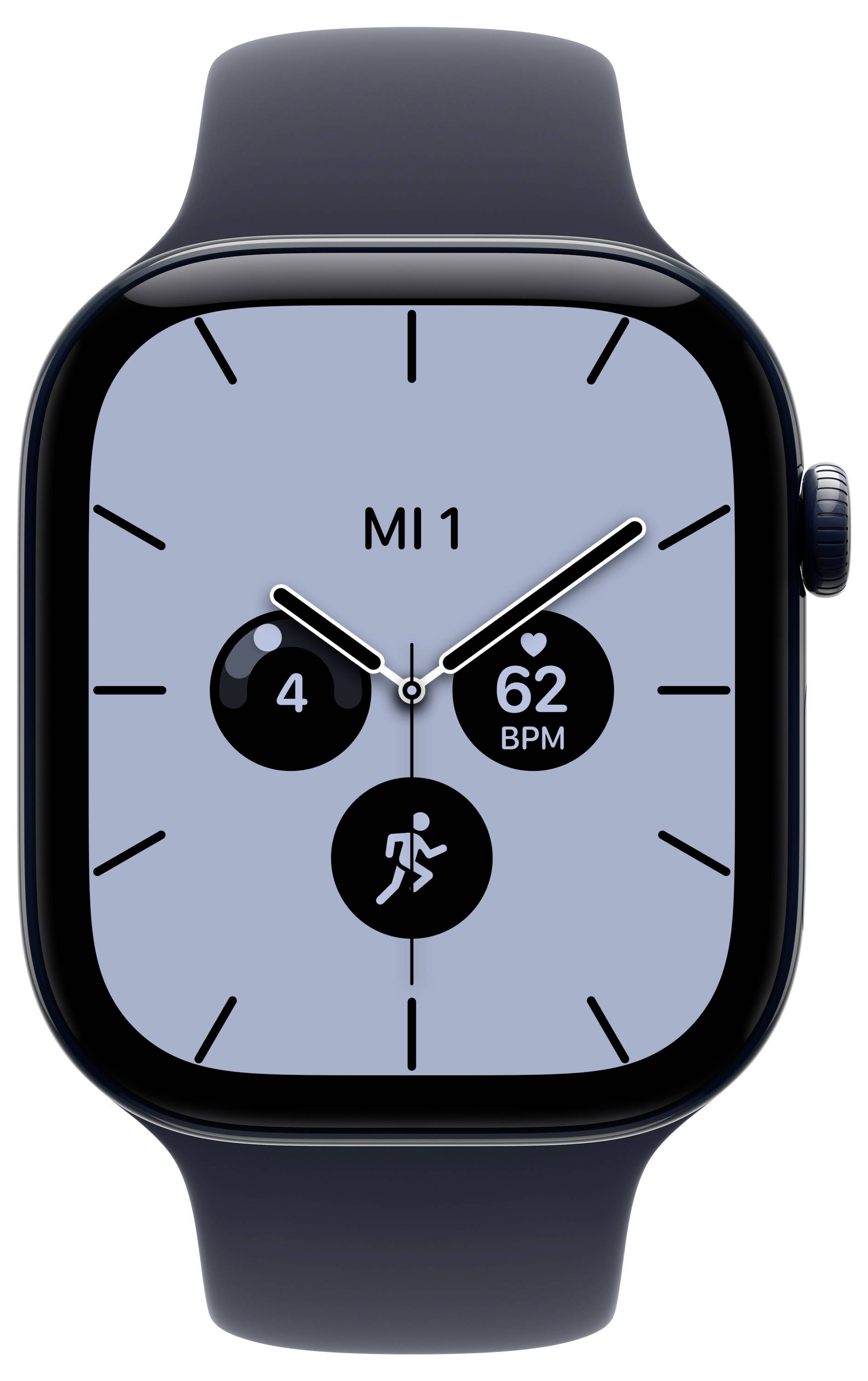 Apple Watch mit minimalistische Uhr, "MI 1" Text, analoge Zeiger, Schritte, Herzfrequenz "62 BPM" und Aktivitätssymbole.