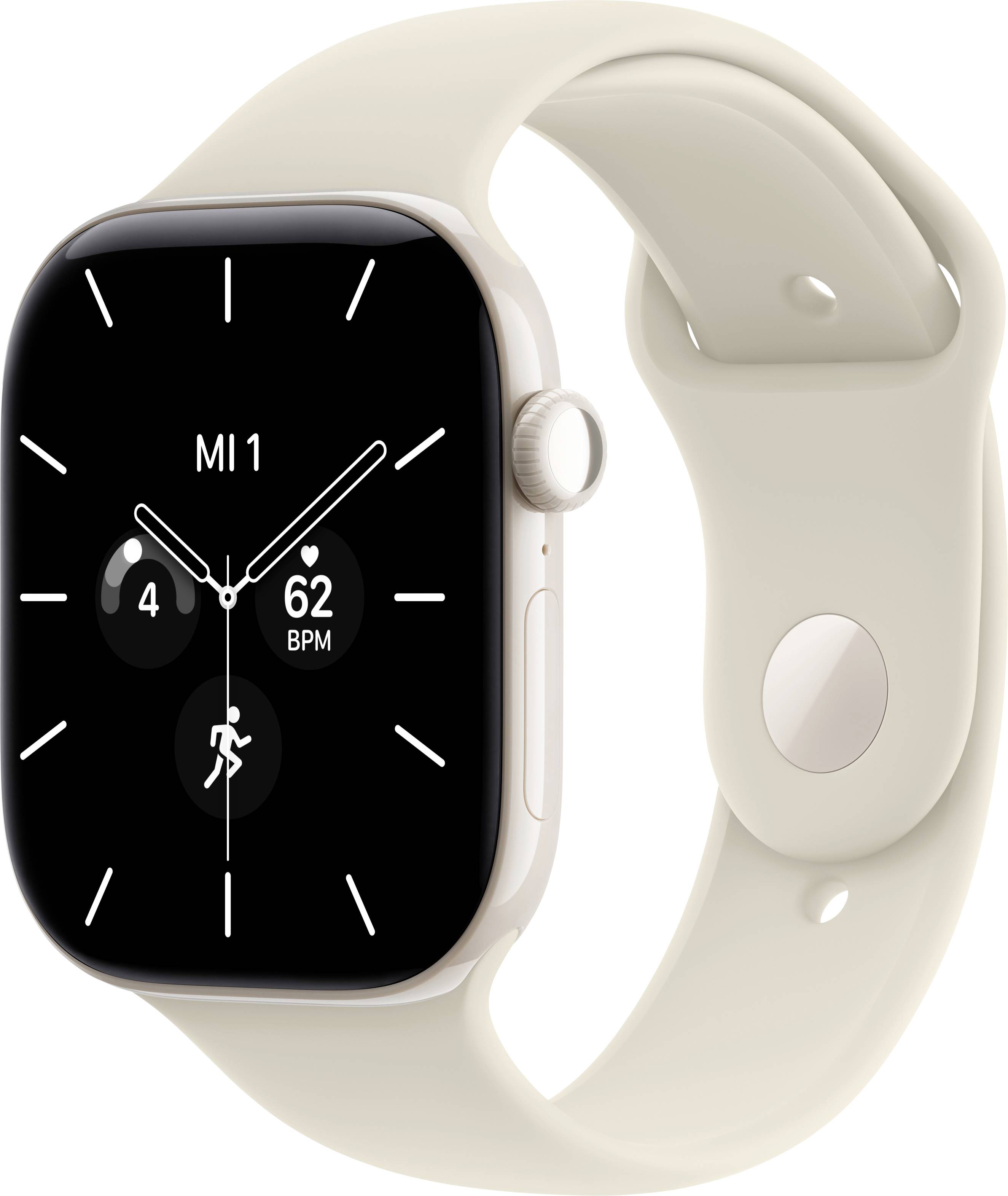 Beige Smartwatch mit schwarzem Zifferblatt im Analogstil, das 