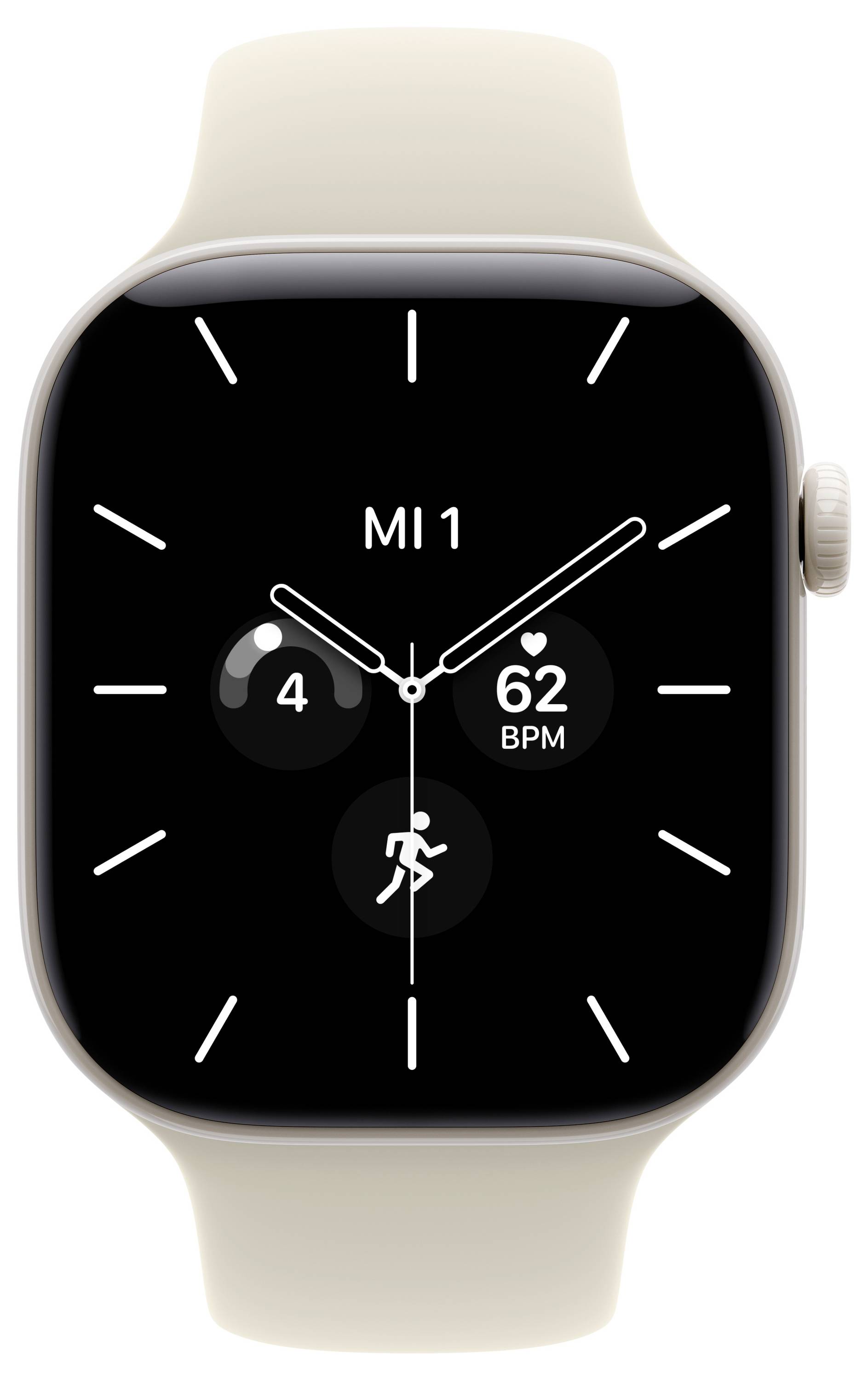 Apple Watch mit analogem Ziffernblatt, zentriert mit 'MI 1', Herzfrequenz 62 BPM und Aktivitätssymbol unten.