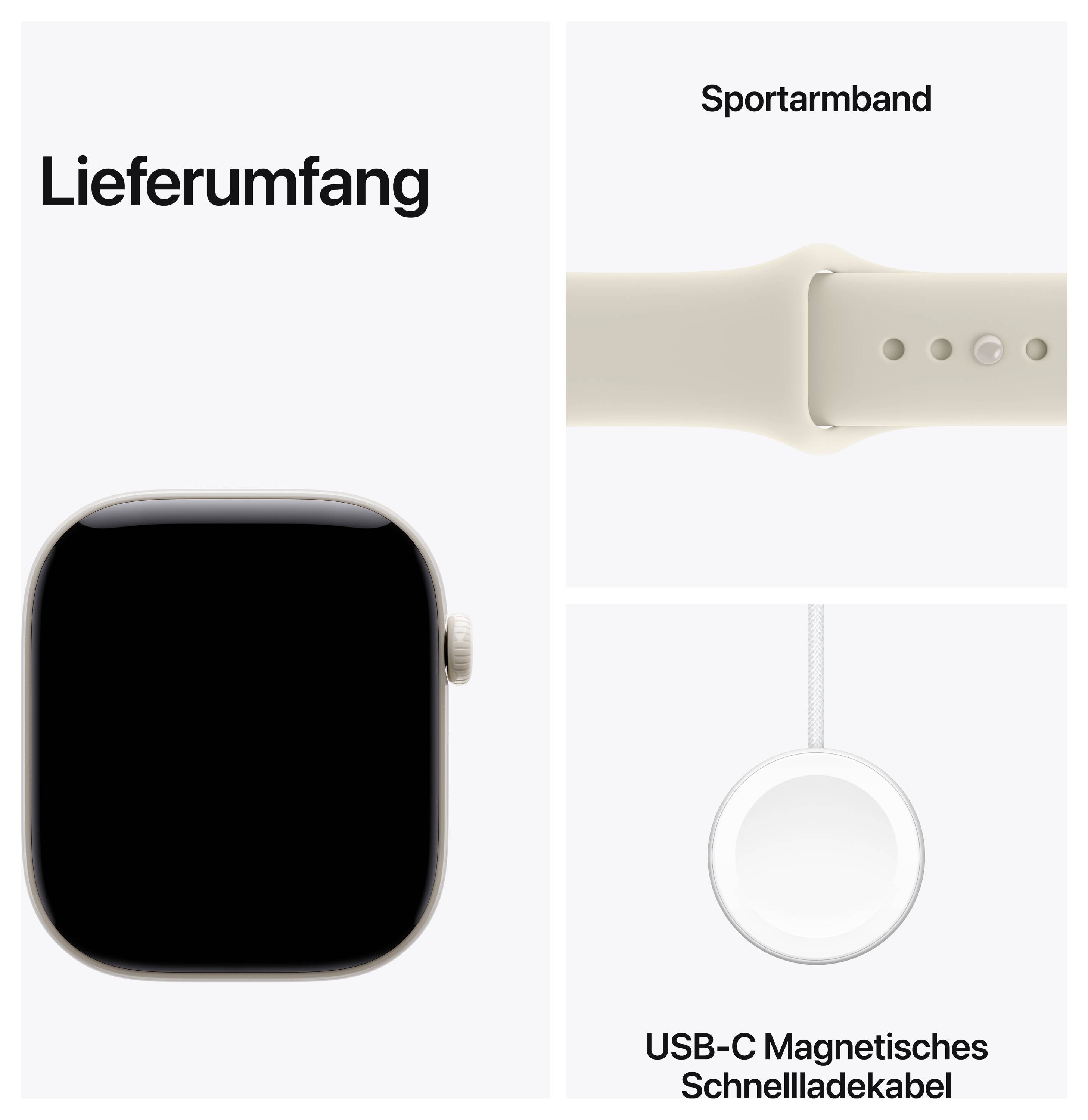 Lieferumfang-Grafik mit Smartwatch, Sportarmband und USB-C magnetischem Schnellladegerät.