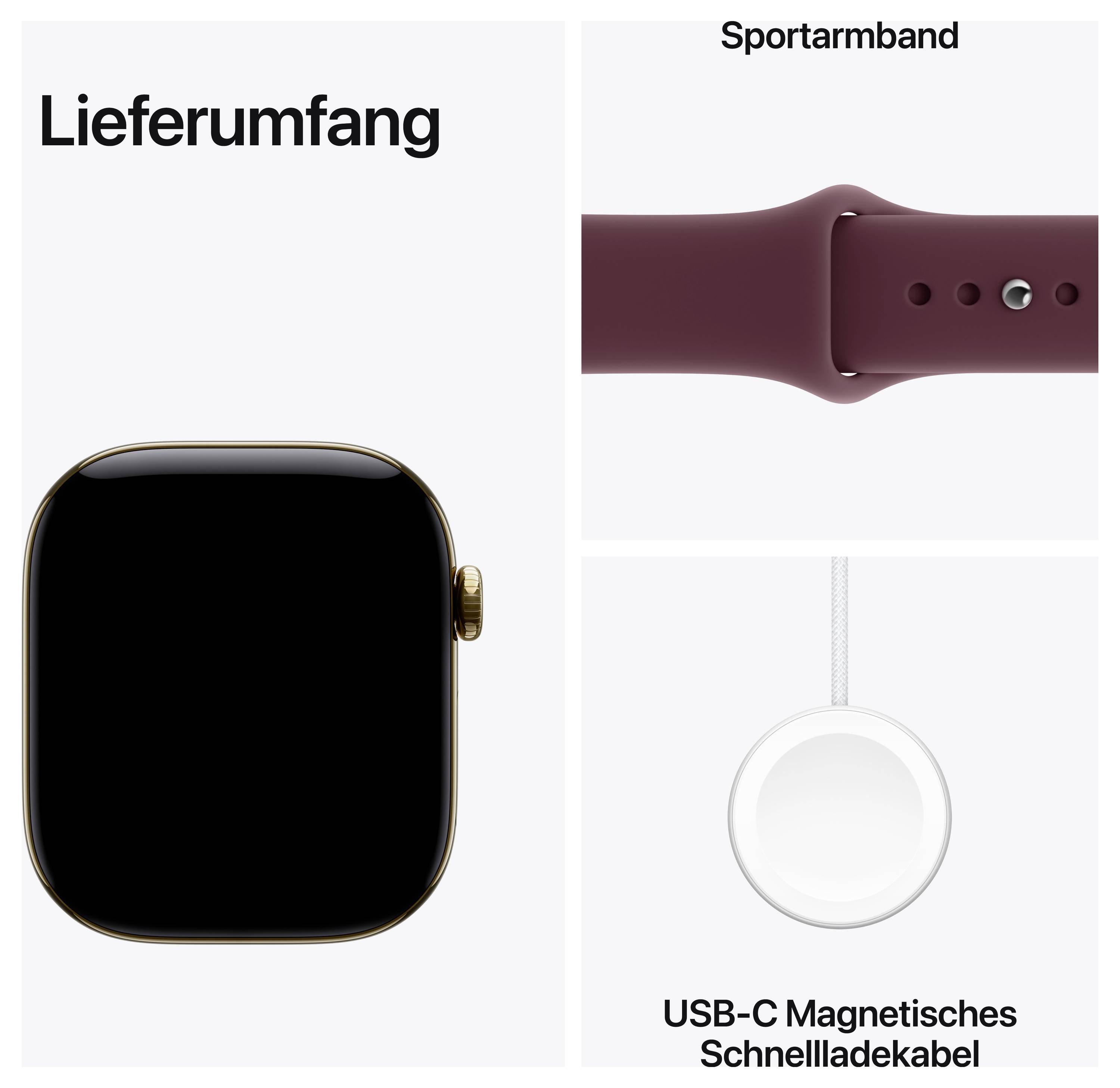 Lieferumfang: eine quadratische Smartwatch, ein Sportarmband und ein USB-C-Magnet-Schnellladekabel.