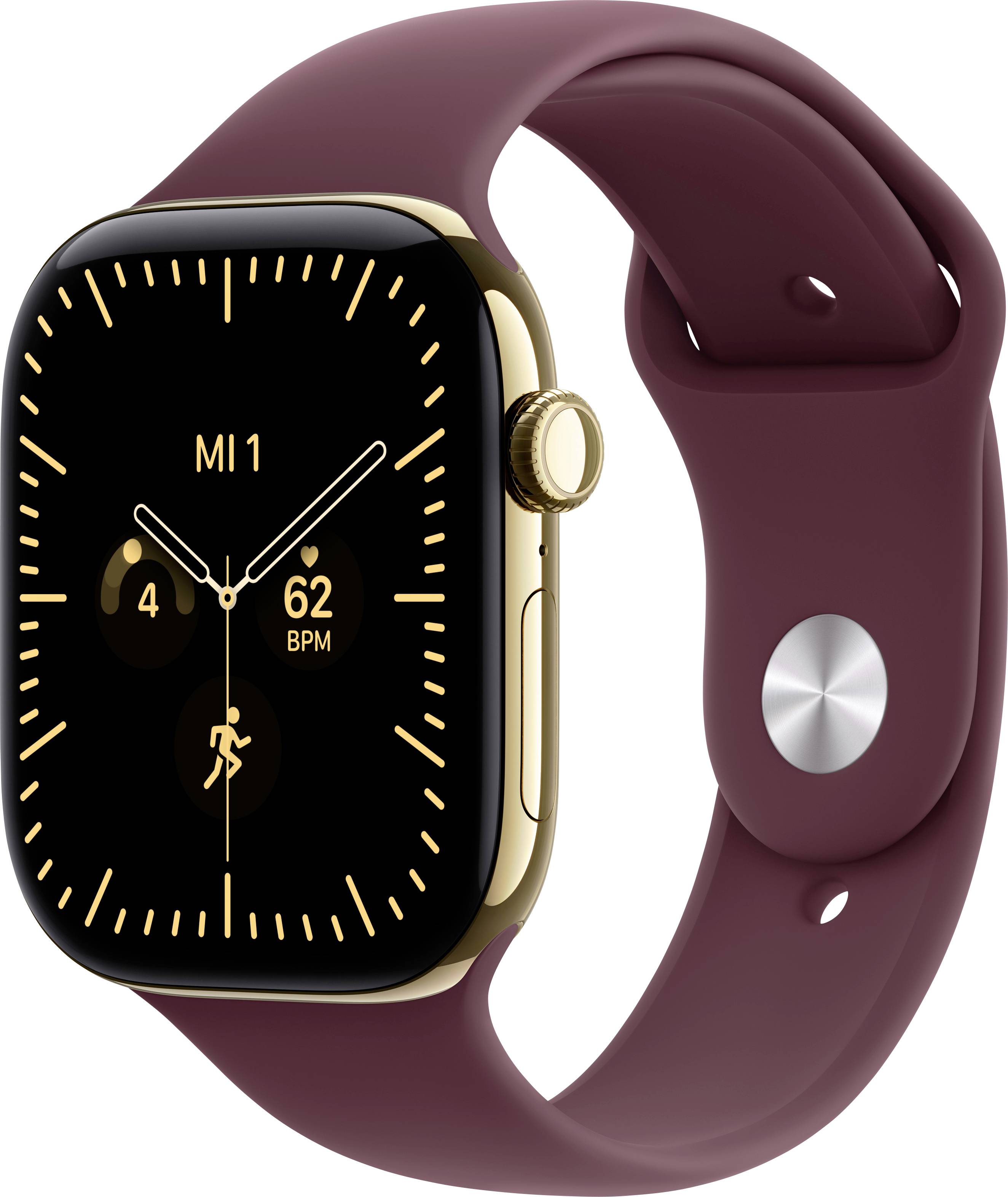 Bordeauxrot gestreifter Smartwatch mit goldenem Gehäuse und schwarzem Analogdisplay mit der Anzeige 'MI1', Schritte 4, Herzfrequenz 62 BPM und Trainings-Symbol.