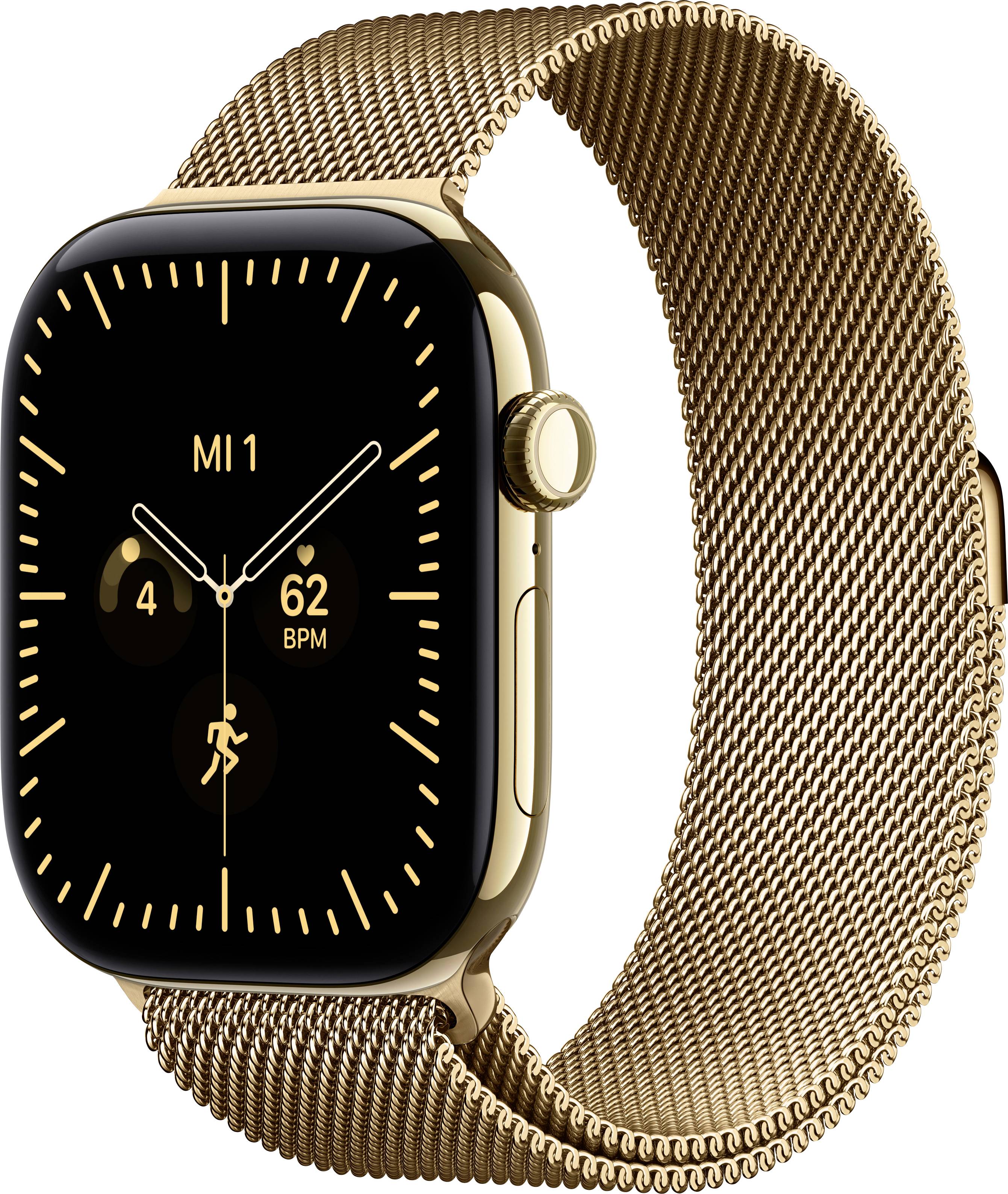 Goldene Apple Watch mit Milanese-Schleife, schwarzes Analogzifferblatt mit 