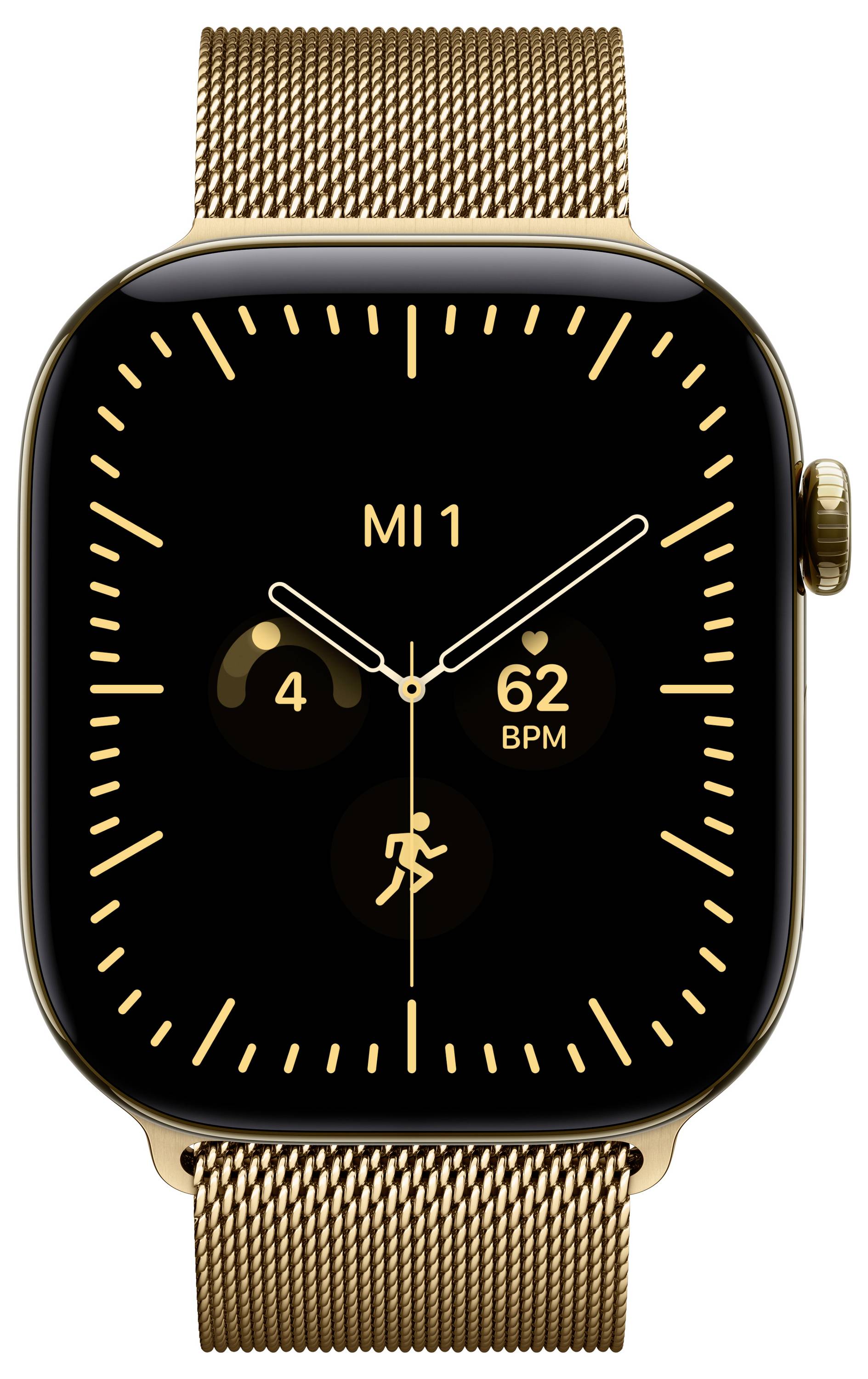 Gold Apple Watch mit schwarzem Analog-Display zeigt 'MI 1', Herzfrequenz 62 BPM und Aktivitätssymbol auf passendem Mesh-Armband.