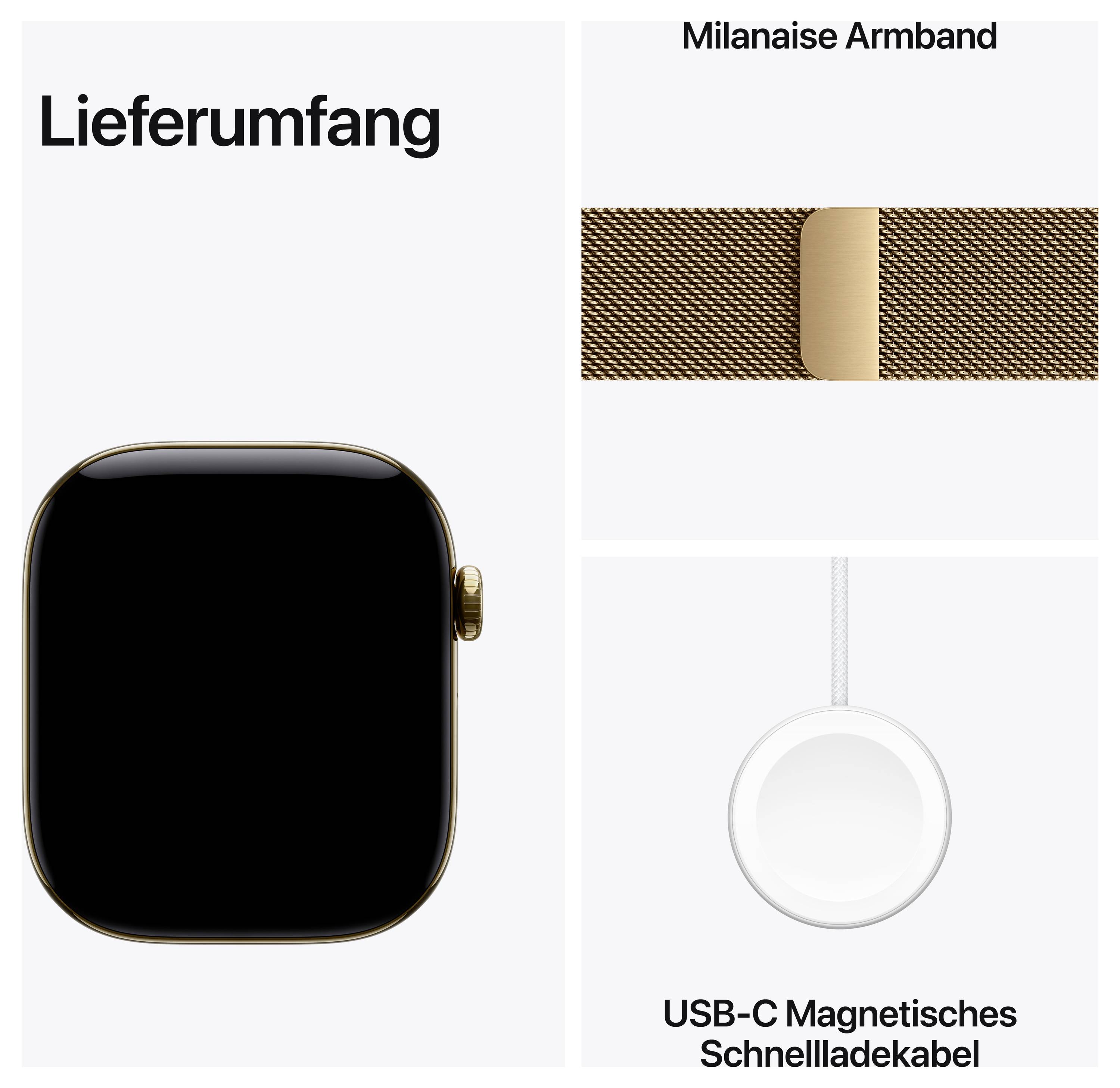 Lieferumfang einer Smartwatch: Uhr, Milanaise-Armband und USB-C magnetisches Schnellladekabel.