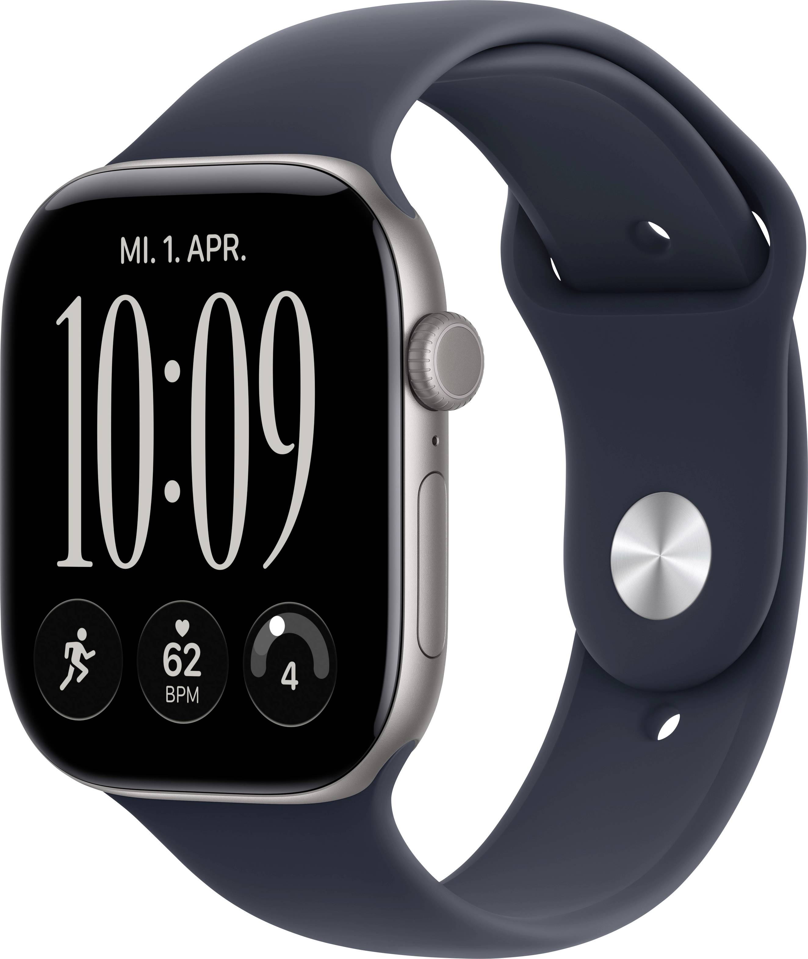 Apple Watch mit dunkelblauem Sportarmband zeigt 10:09 an, Datum 