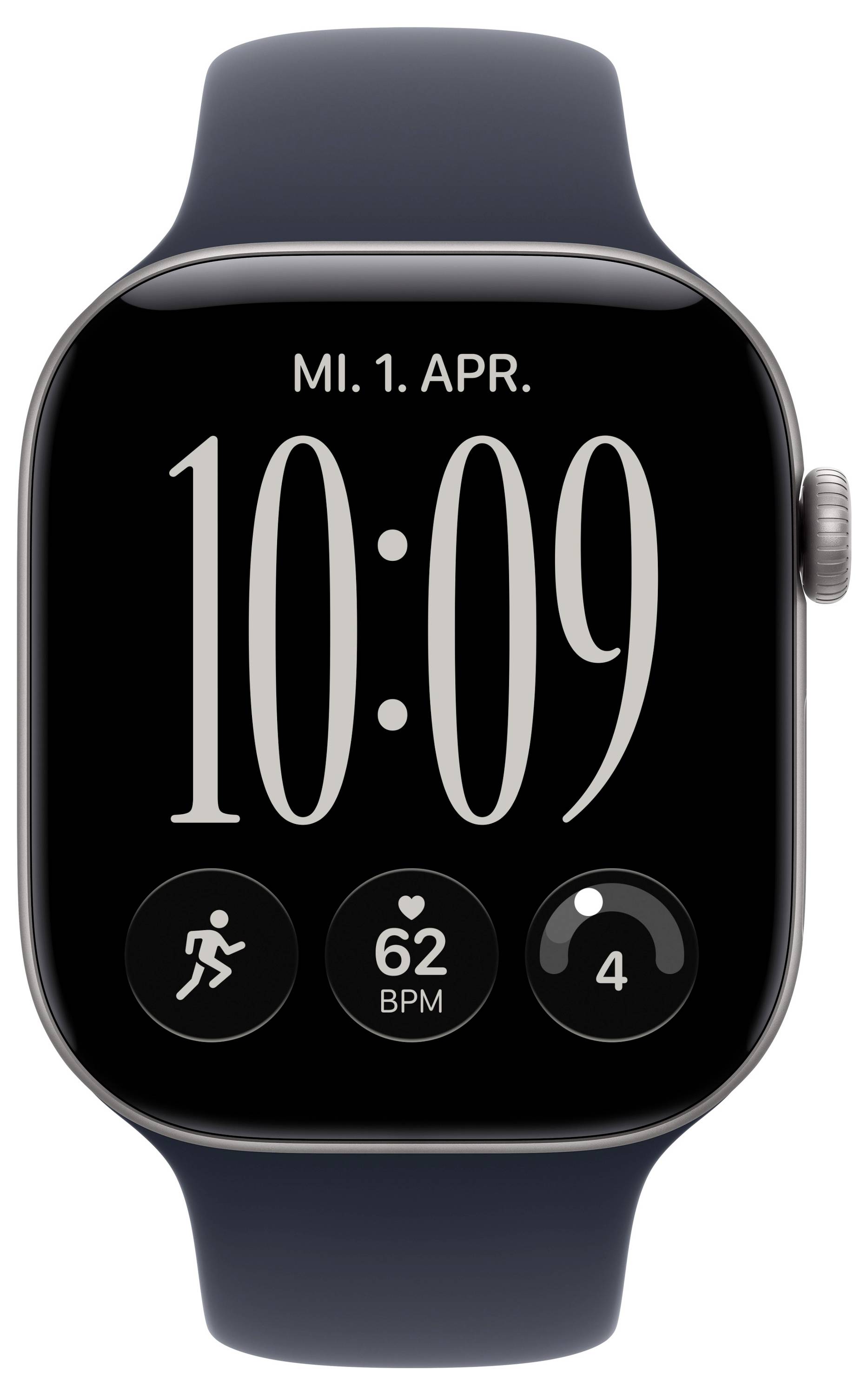 Apple Watch zeigt 10:09 am Dienstag, 1. April, mit Trainingsanzeige, Herzfrequenz 62 BPM und Aktivitätsring-Komplikationssymbolen auf dem Display.