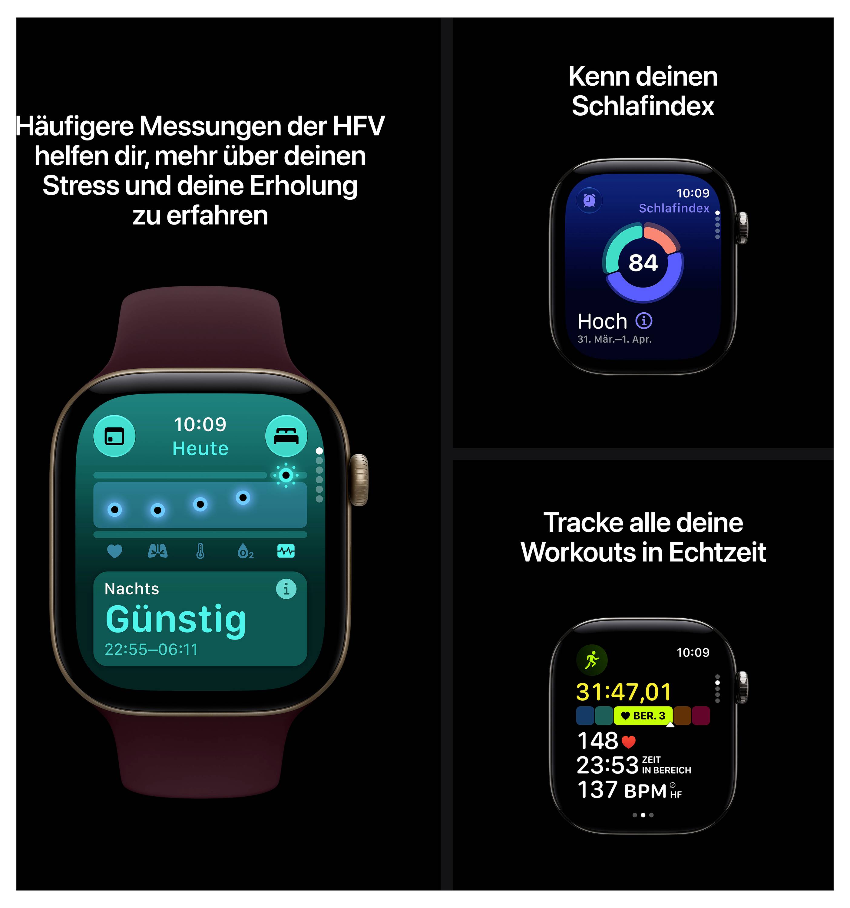 Werbung für eine Smartwatch: links HFV-Messungen zur Stress- und Erholungsanalyse, rechts Schlafindex und Workout-Tracking in Echtzeit.