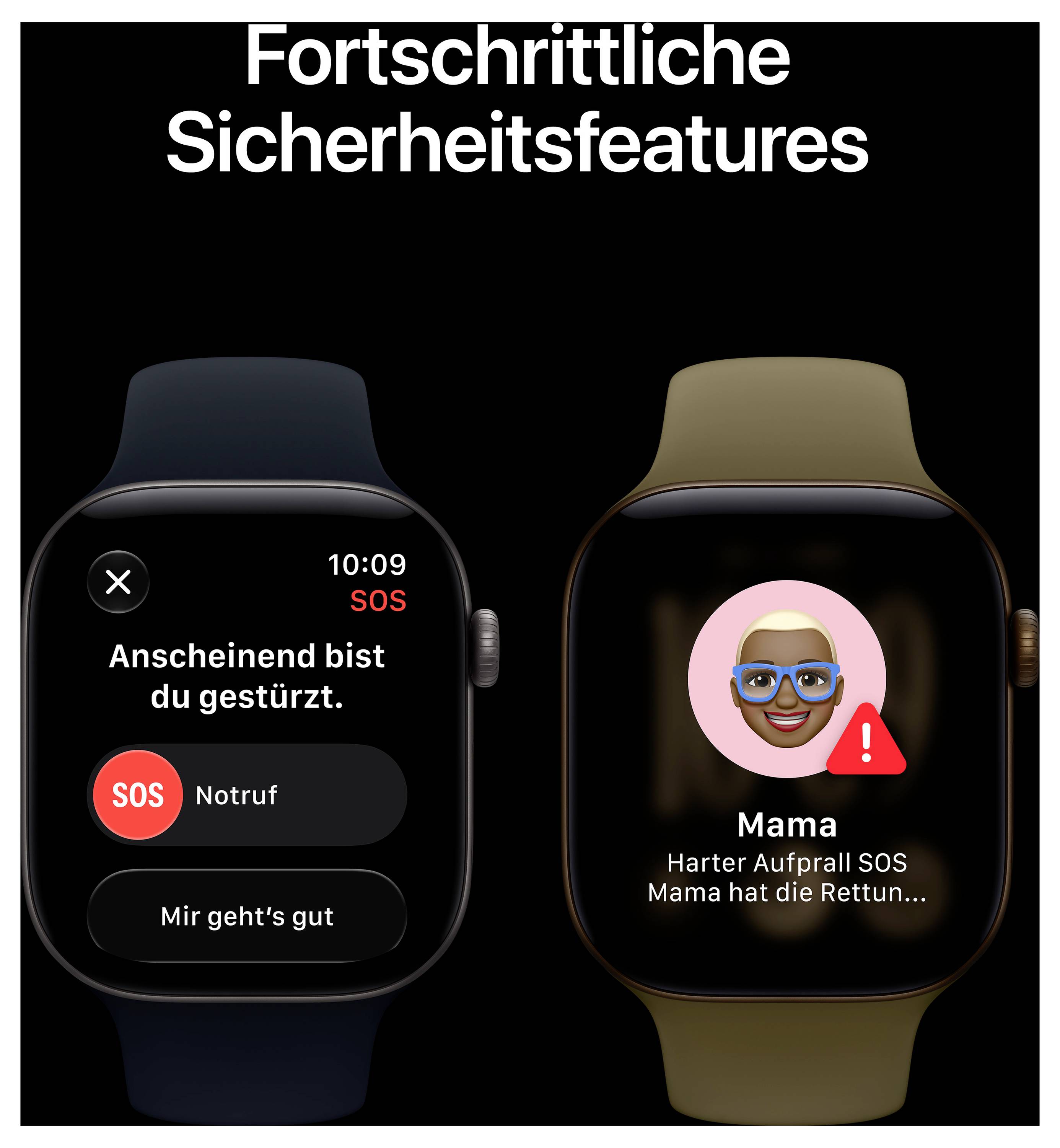 Werbegrafik zu 'Fortschrittliche Sicherheitsfeatures': Zwei Smartwatches zeigen Notfallfunktionen, links Sturzerkennung mit SOS-Notruf und Button 'Mir geht's gut', rechts Warnung 'Mama' bei hartem Aufprall.
