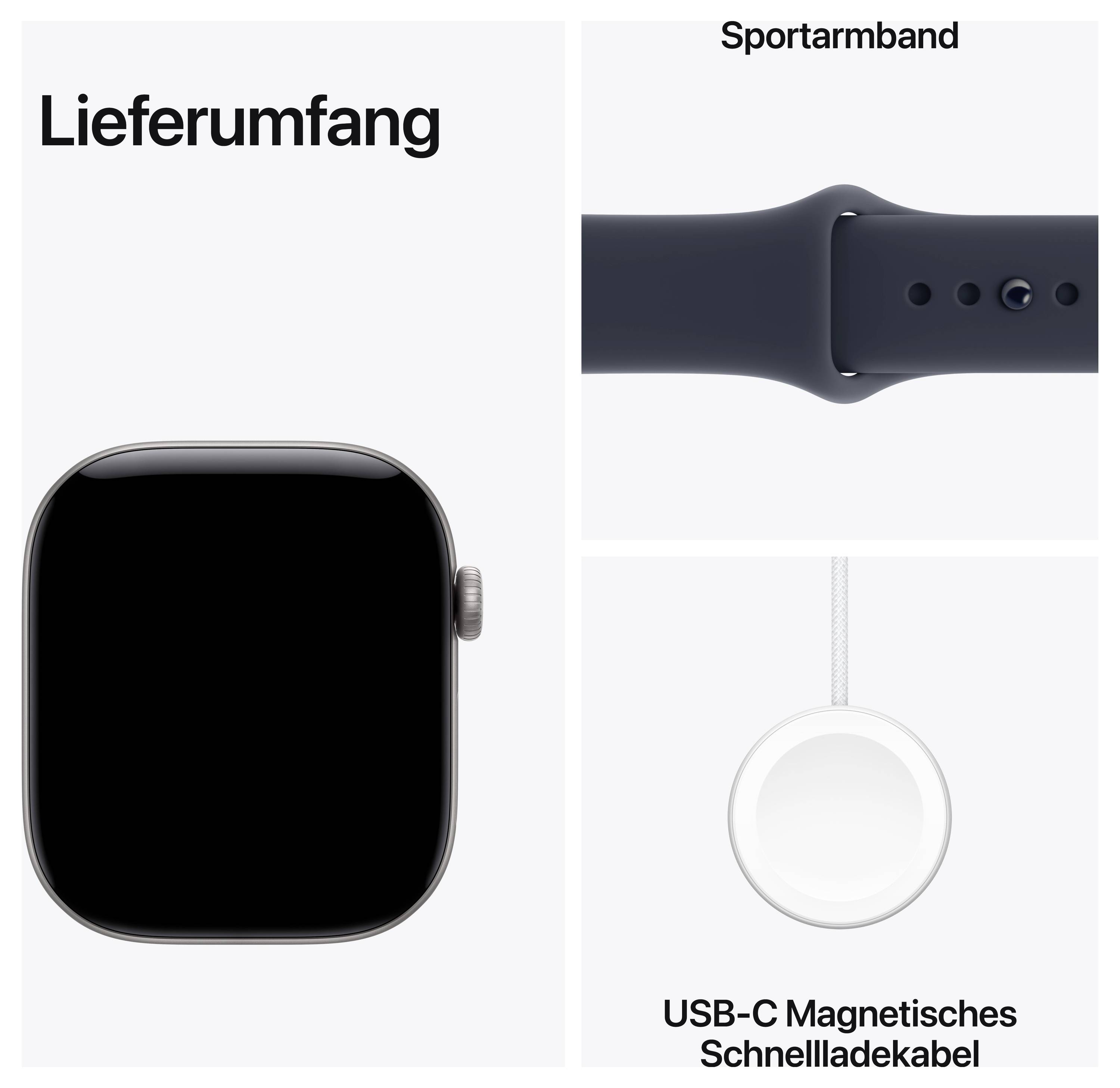 Lieferumfang einer Smartwatch: Uhr, Sportarmband und USB-C magnetisches Schnellladekabel.