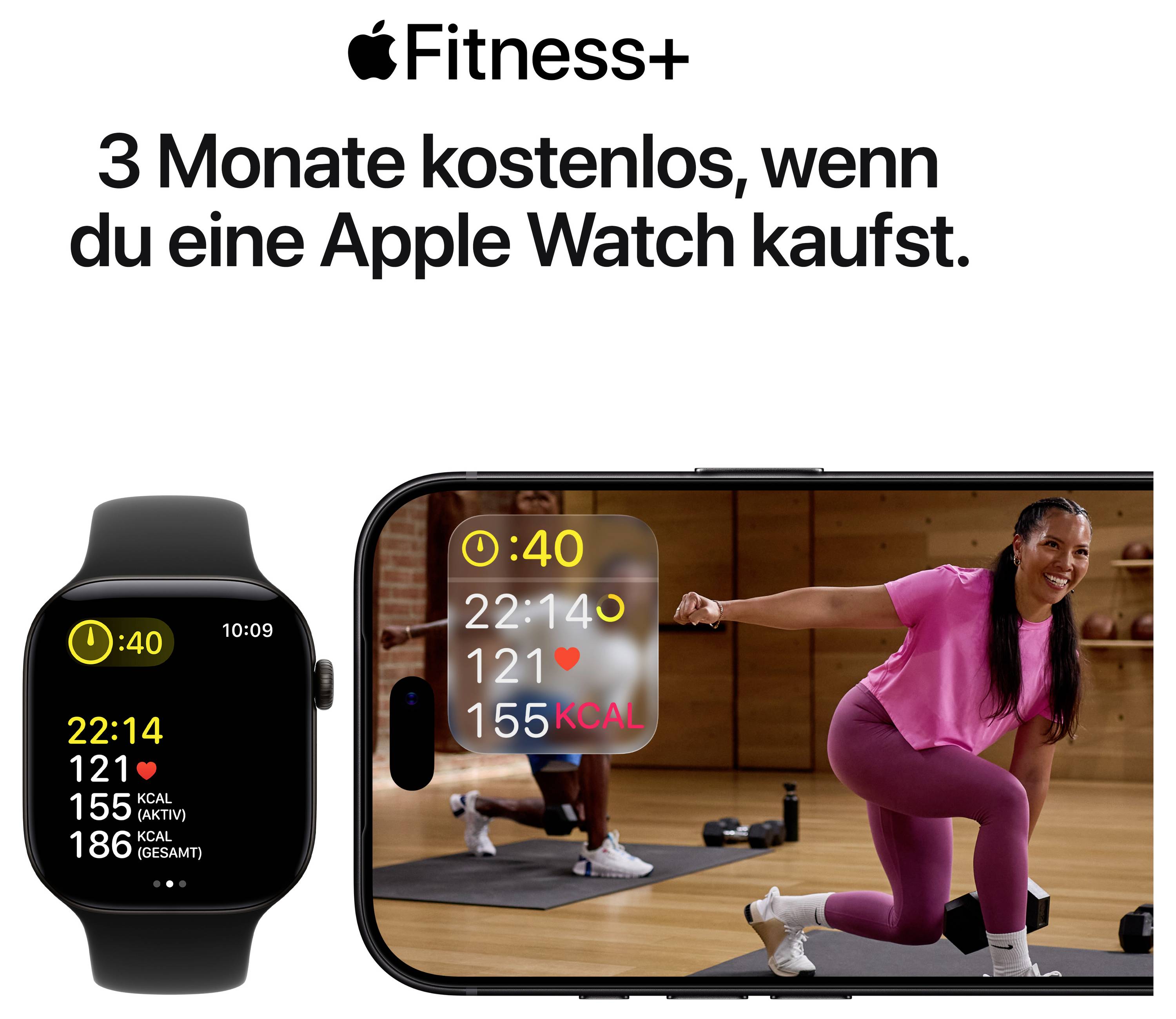 Apple Fitness+ Werbung: '3 Monate kostenlos, wenn du eine Apple Watch kaufst.' mit Apple Watch und iPhone beim Workout.