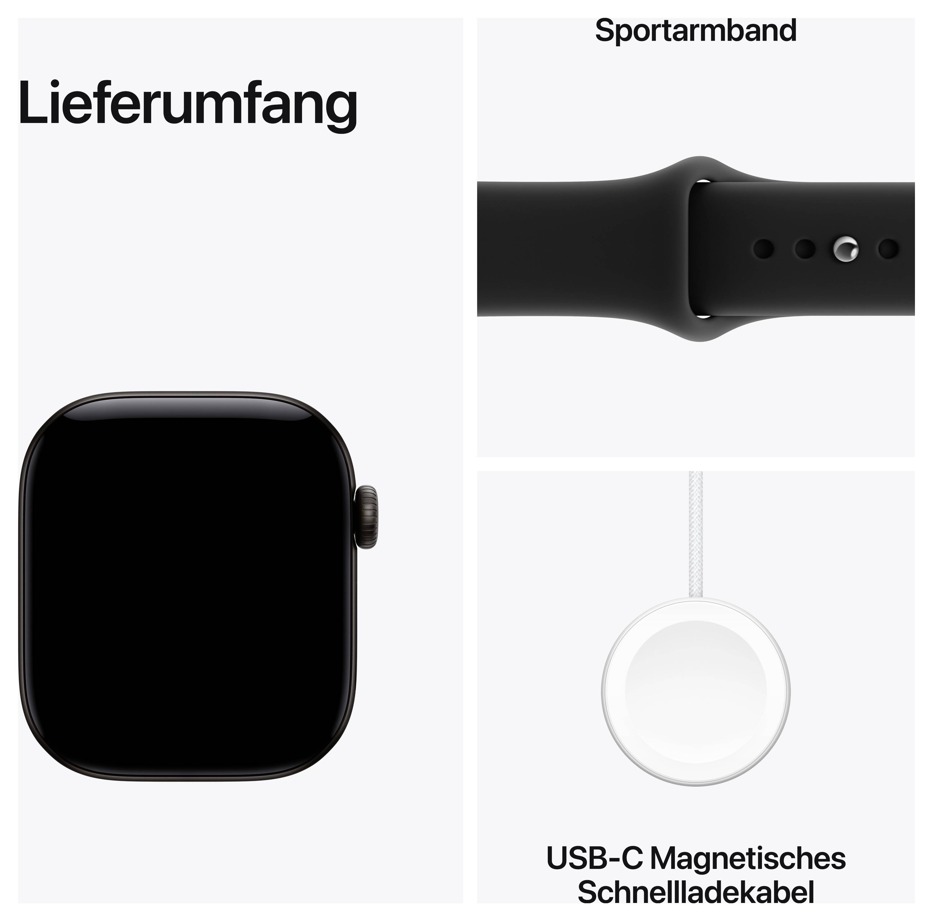 Lieferumfang einer Smartwatch: Uhrgehäuse, Sportarmband und USB-C magnetisches Schnellladekabel.