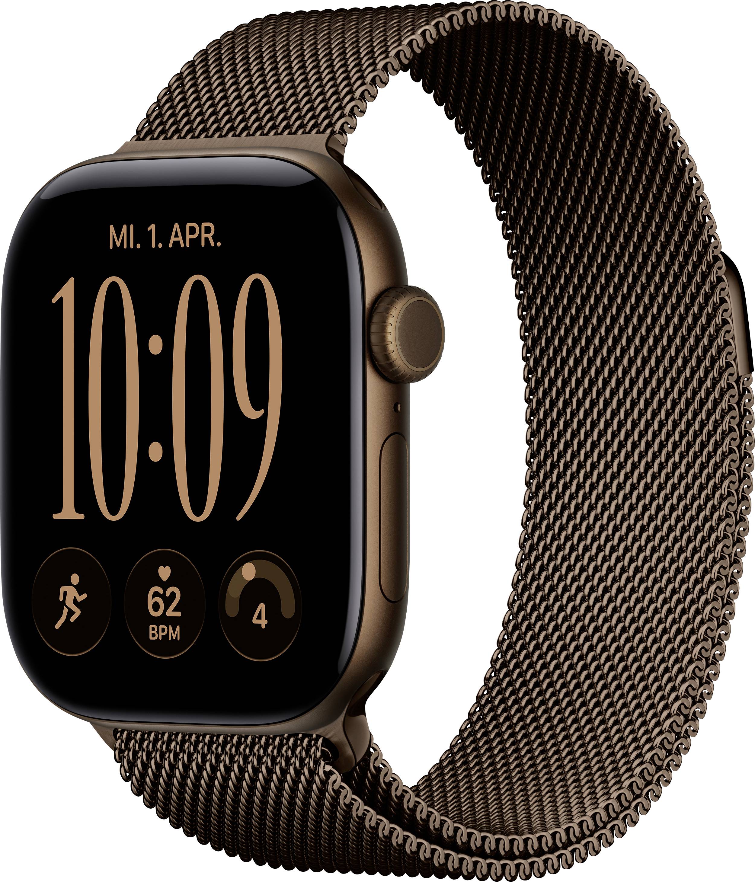Nahaufnahme einer bronzefarbenen Smartwatch mit gewebtem Metallband, die 10:09 und Fitnessdaten auf schwarzem Bildschirm anzeigt.