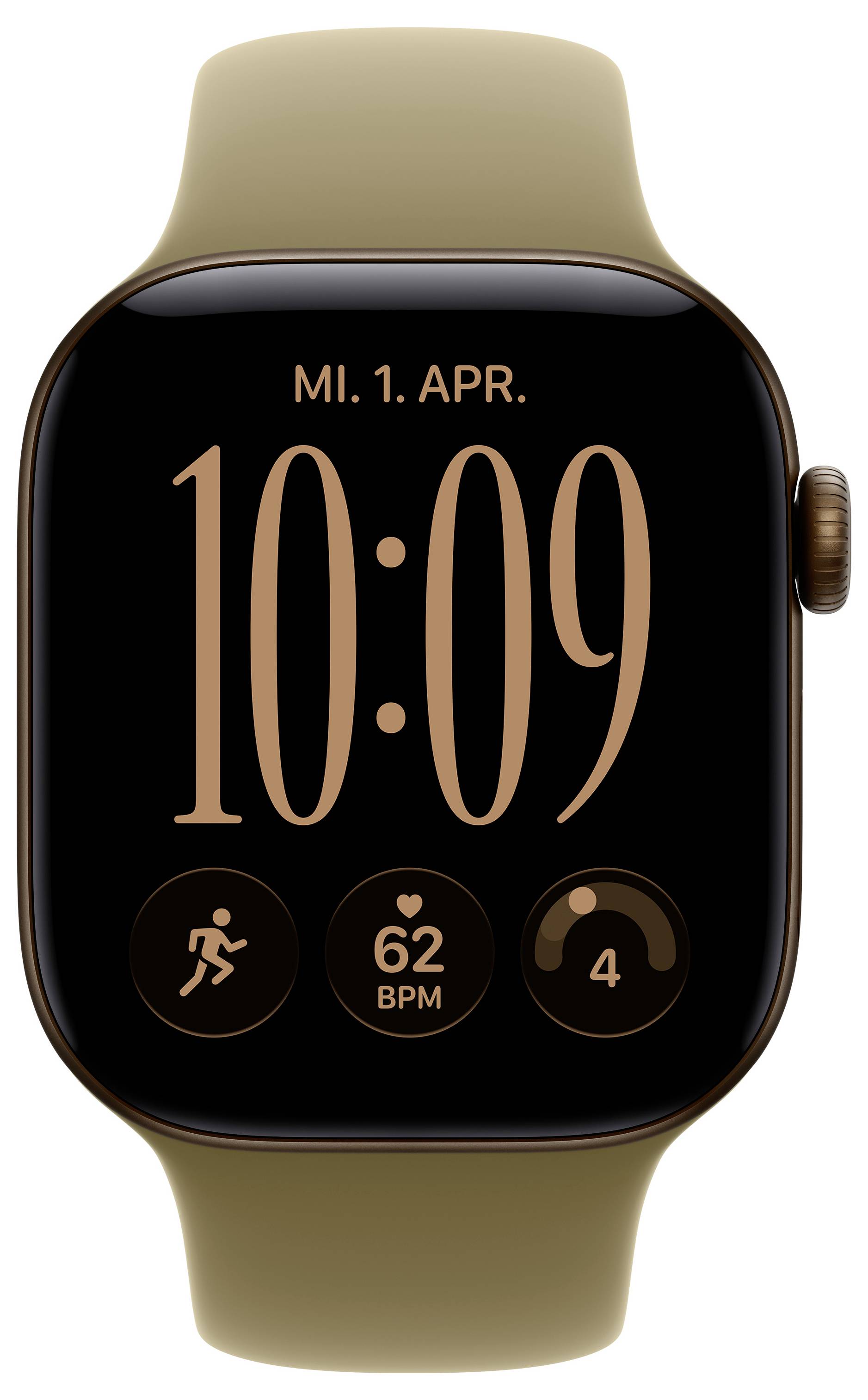 Apple Watch mit braunem Armband, das Zifferblatt anzeigend, Datum „MI. 1. APR." und Uhrzeit 10:09, sowie Aktivität, Herzfrequenz 62 BPM und 4 Symbolzähler für Ringe.