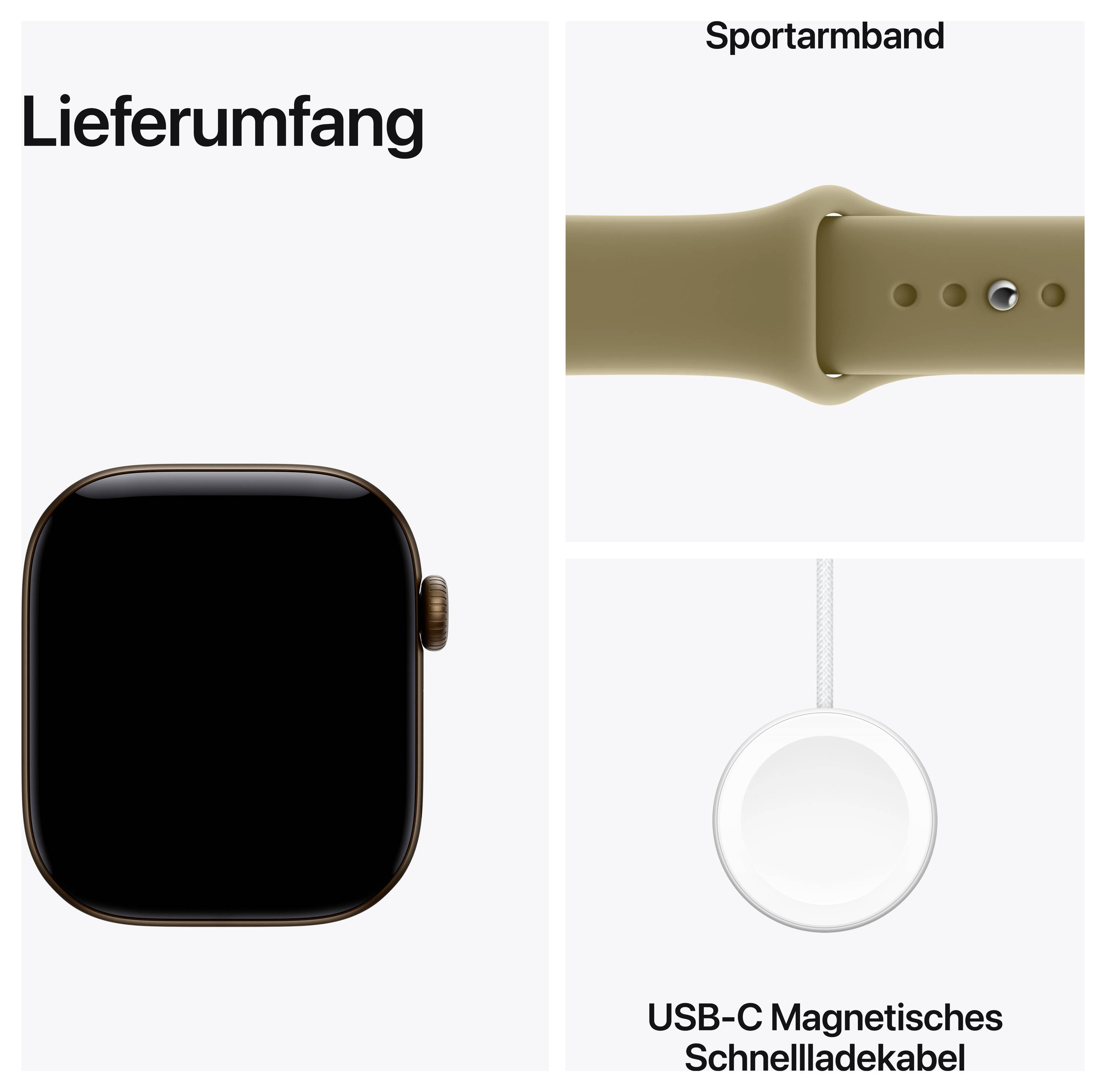 Lieferumfang: Smartwatch, Sportarmband und USB-C magnetisches Schnellladekabel.