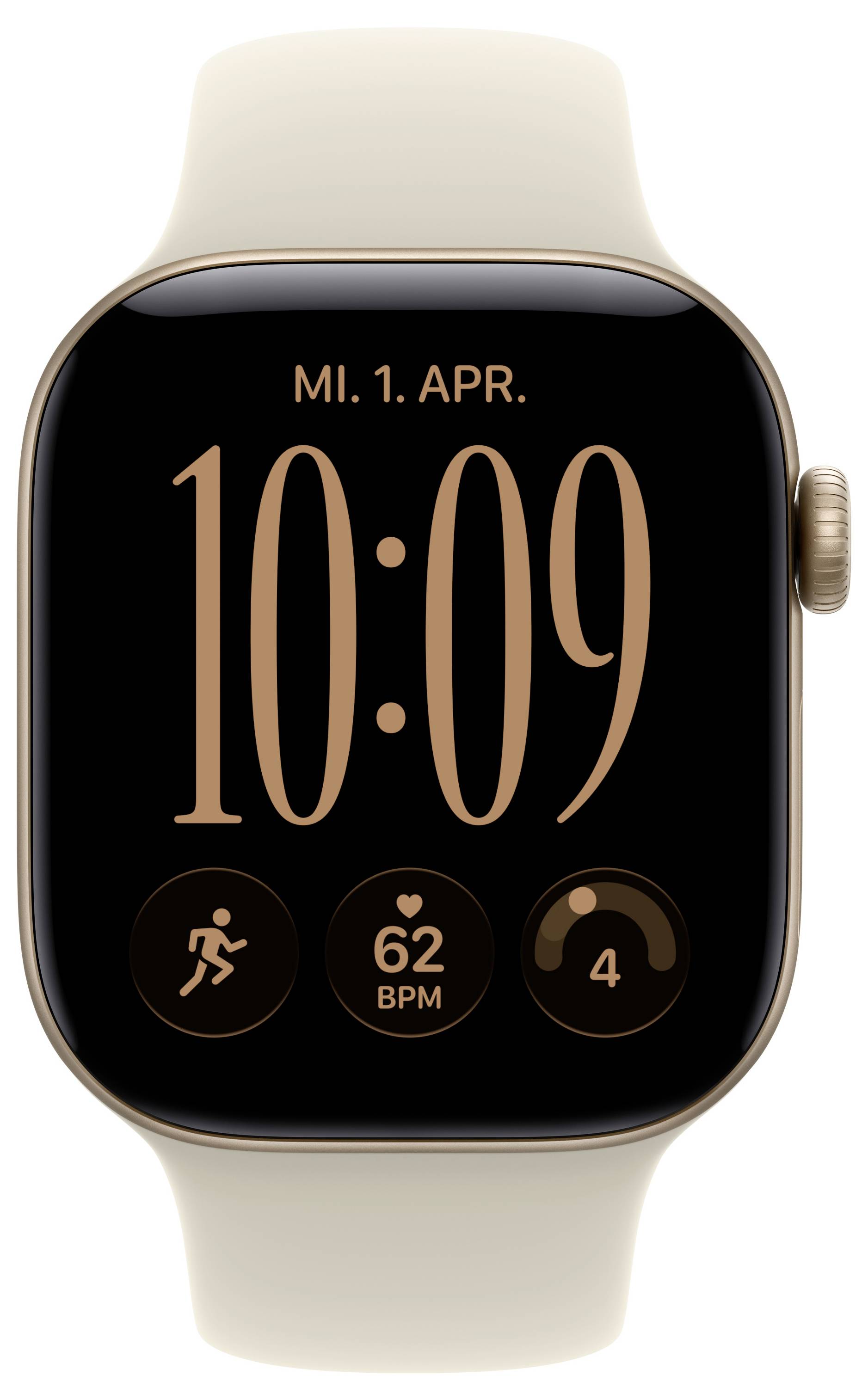 Gold Apple Watch mit beigem Armband, das 10:09 Uhr anzeigt, das Datum „MI. 1. APR.", Workout, Herzfrequenz 62 BPM und Aktivitätssymbole.