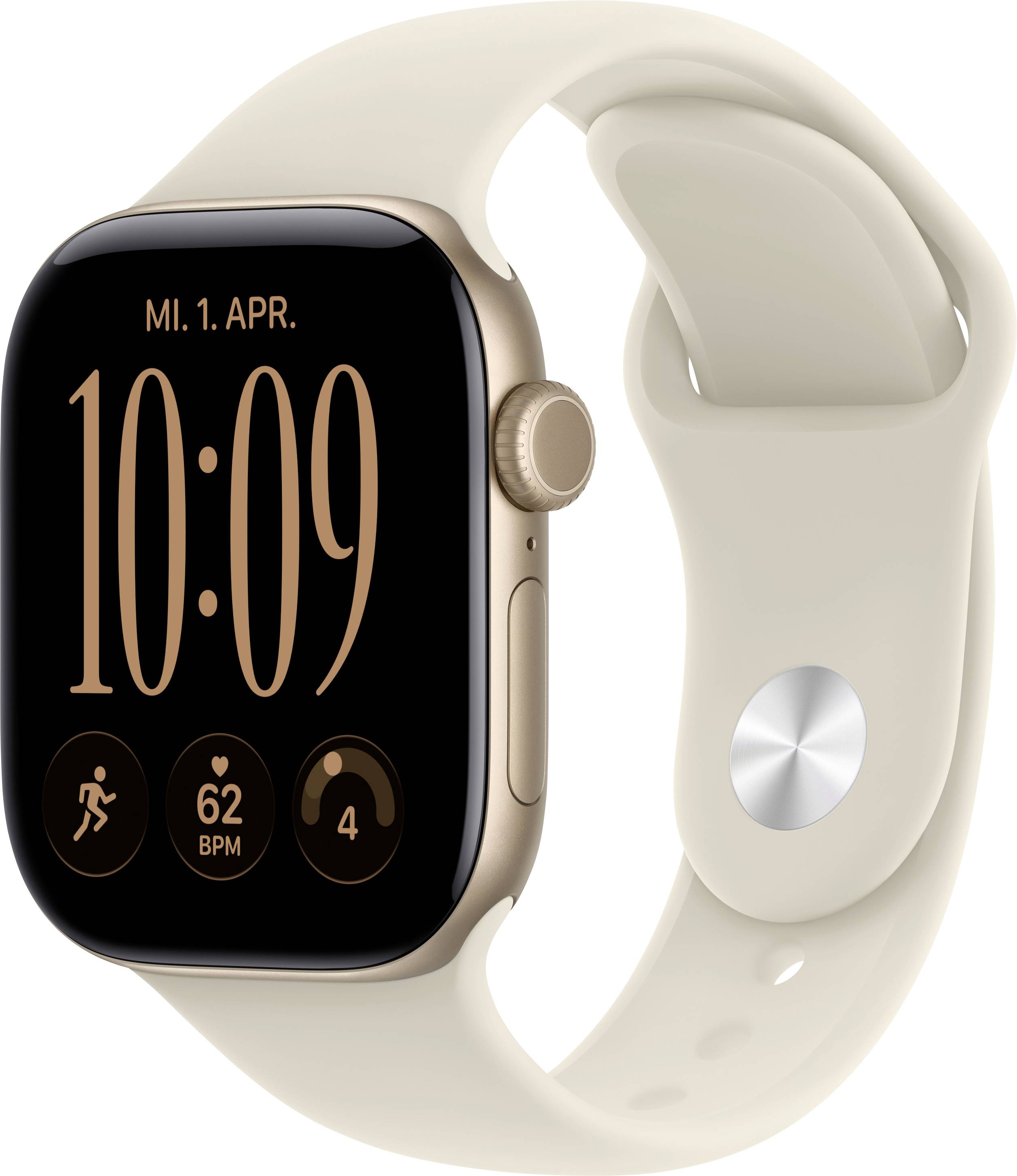 Goldene Apple Watch mit cremefarbenem Sportarmband, zeigt 10:09 Uhr an, Datum „MI. 1. APR.