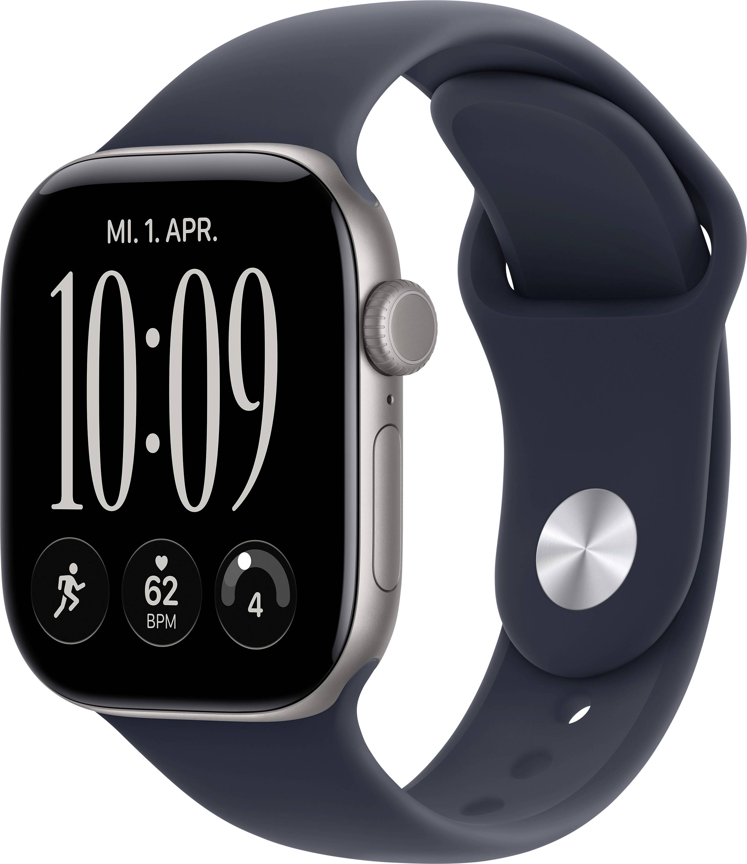 Apple Watch von vorne und von der Seite gezeigt, mit dunkelblauem Armband und Bildschirm, der 10:09, „MI. 1. APR.