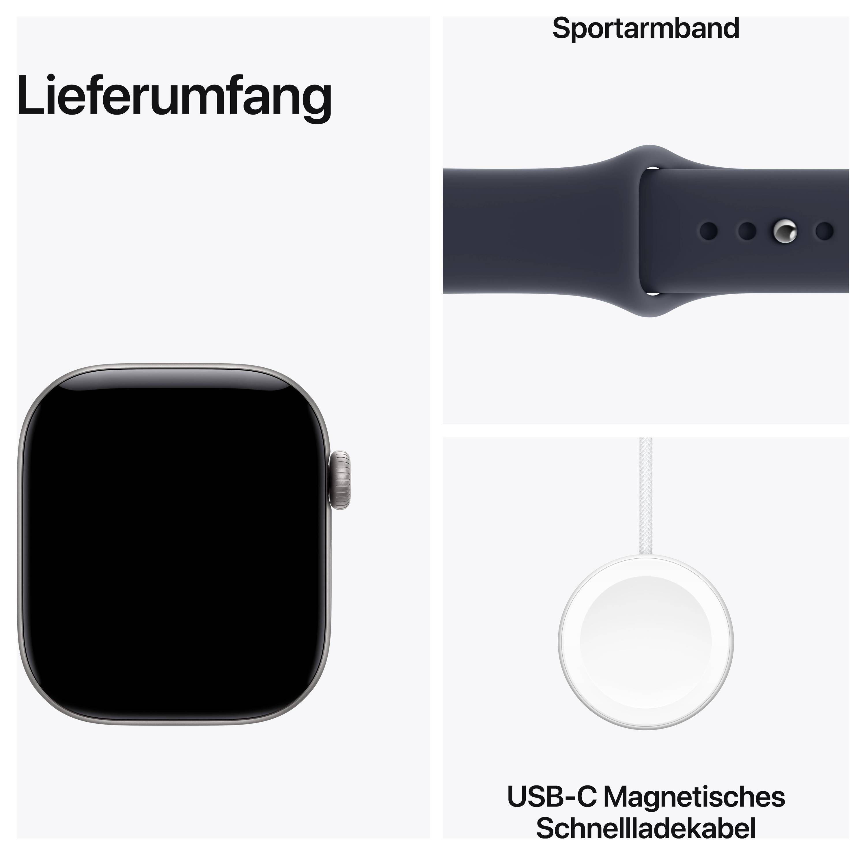 Lieferumfang: Smartwatch, Sportarmband und USB-C magnetisches Schnellladekabel.
