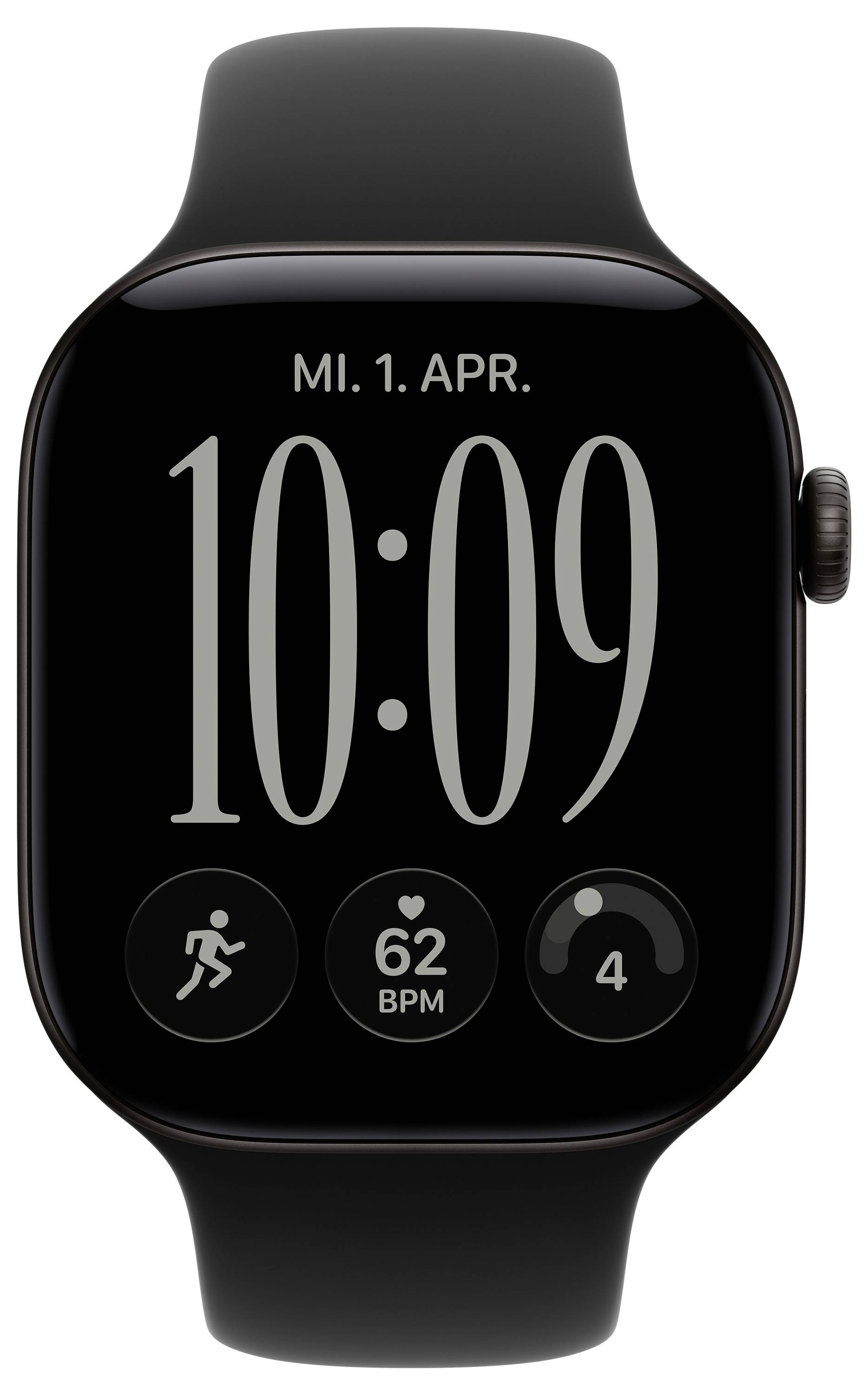Schwarze Apple Watch mit Anzeige von 10:09, Datum „MI. 1. APR.", mit Trainings-, Herzfrequenz-62 BPM- und Activity-Komplikationssymbolen auf dem Zifferblatt.