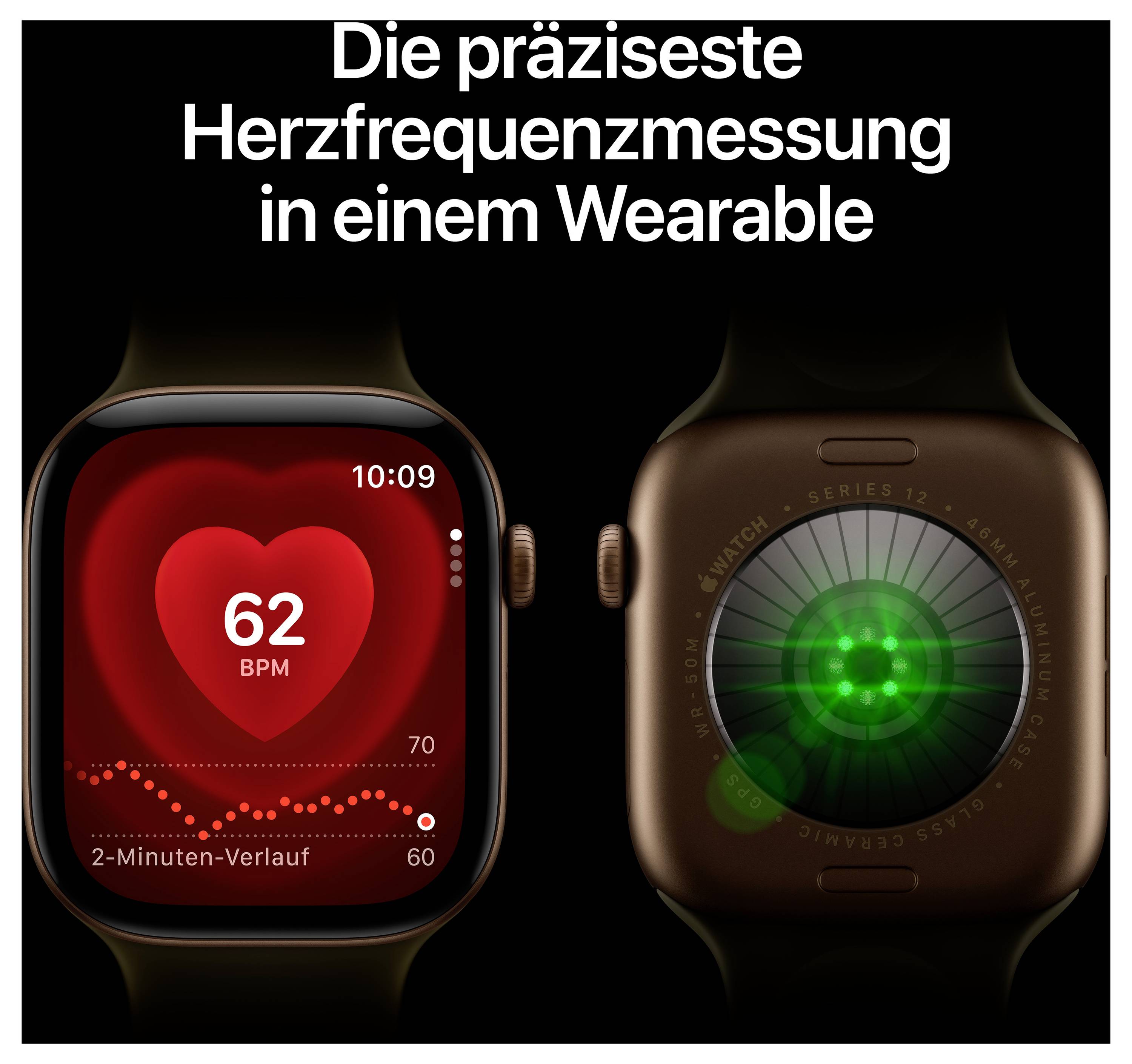 Werbebild mit zwei Smartwatches; links Herzfrequenzanzeige '62 BPM' und 2-Minuten-Verlauf, rechts grüne Sensoren der Rückseite. Text: 'Die präziseste Herzfrequenzmessung in einem Wearable'