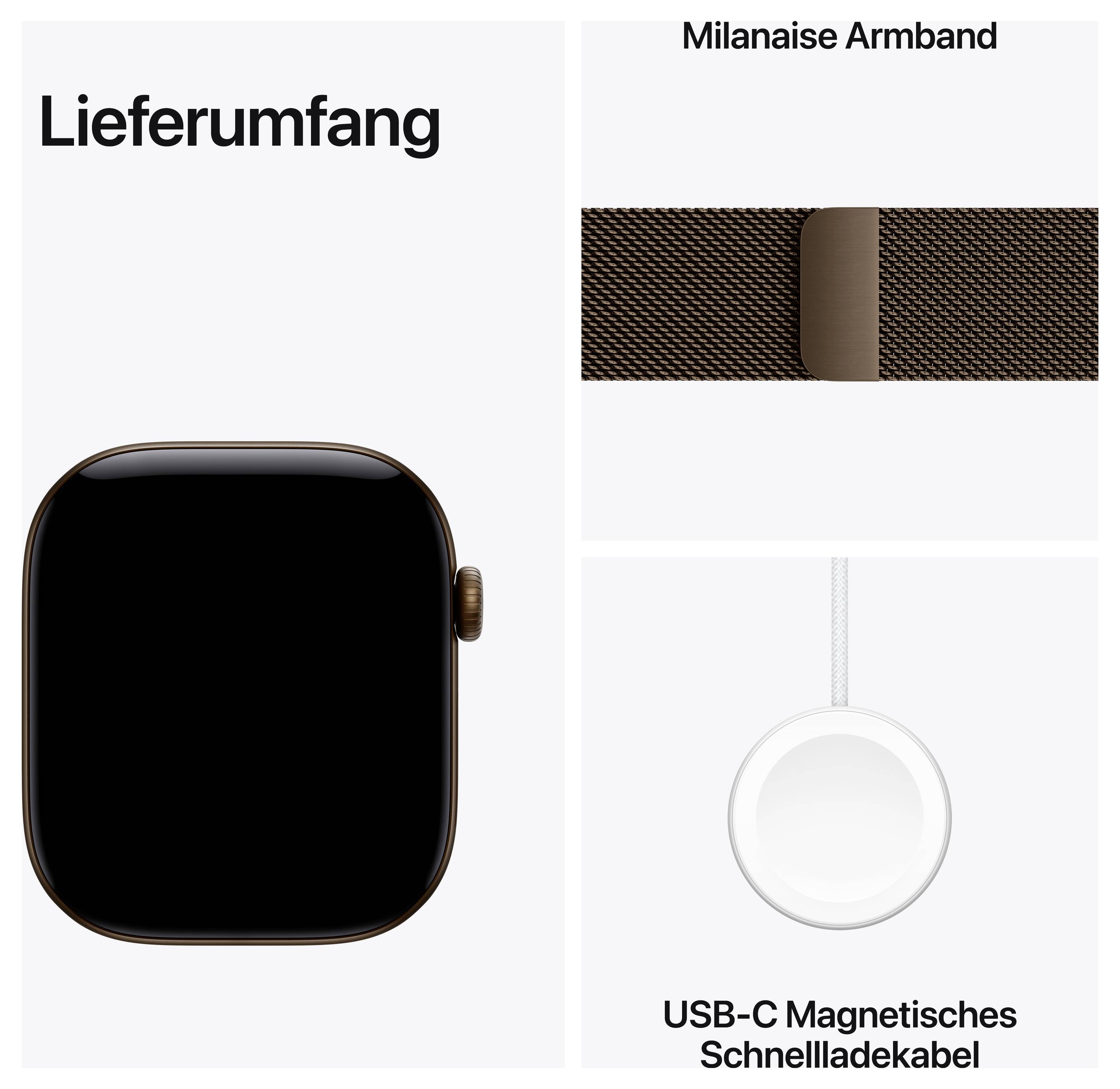Lieferumfang der Smartwatch: Uhr, Milanaise-Armband und USB-C-Magnet-Schnellladekabel.
