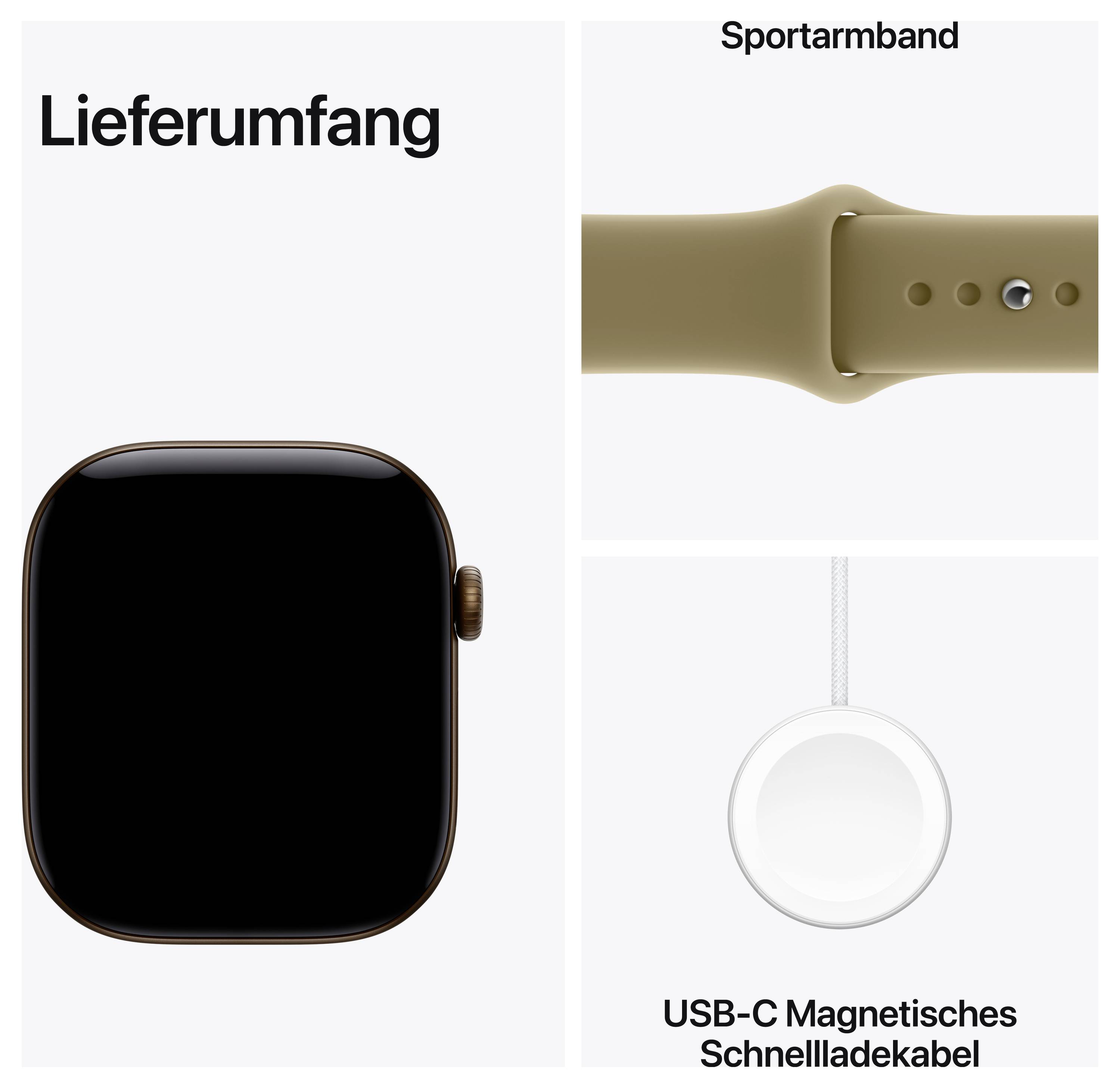 Lieferumfang eines Smartwatchesets: Uhr, Sportarmband und USB-C magnetisches Schnellladekabel.