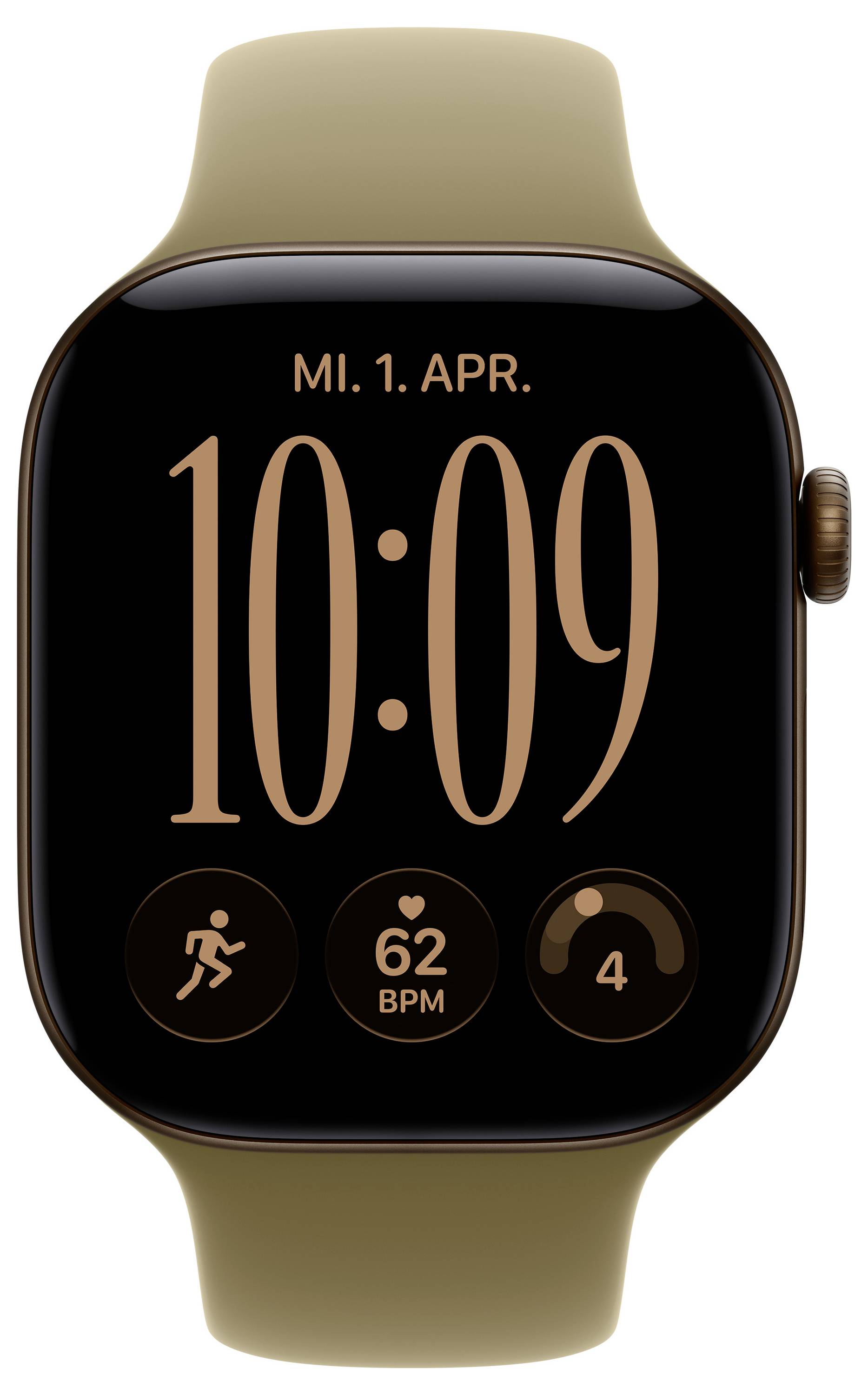 Goldene Apple Watch mit schwarzem Zifferblatt, auf dem "MI. 1. APR." und die Uhrzeit 10:09 angezeigt werden, sowie Aktivitäts-, Herzfrequenz- (62 BPM) und Ring-Symbole.
