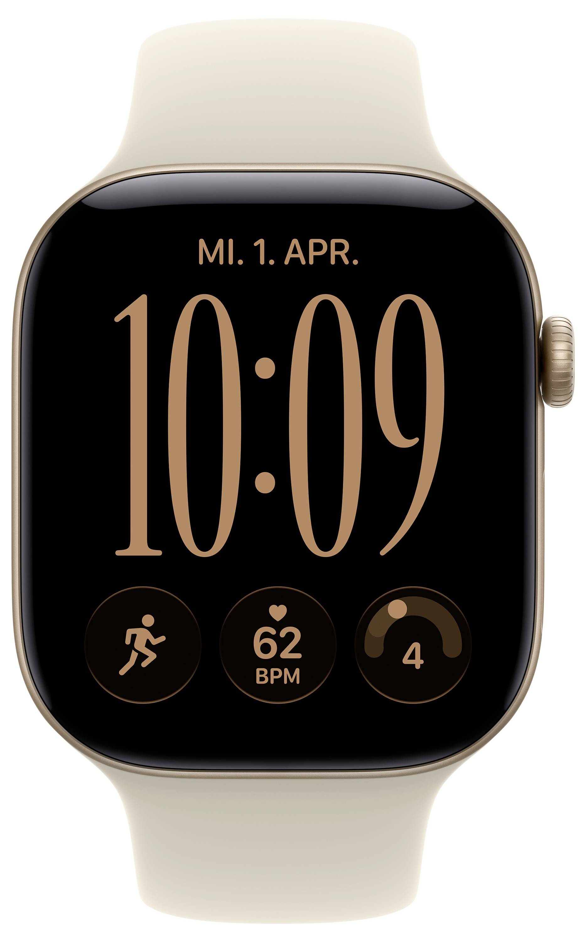 Apple Watch mit beige Armband zeigt Zifferblatt um 10:09 Uhr, Datum „MI. 1. APR.", Workout, Herzfrequenz 62 BPM und Aktivitätsring-Symbole.