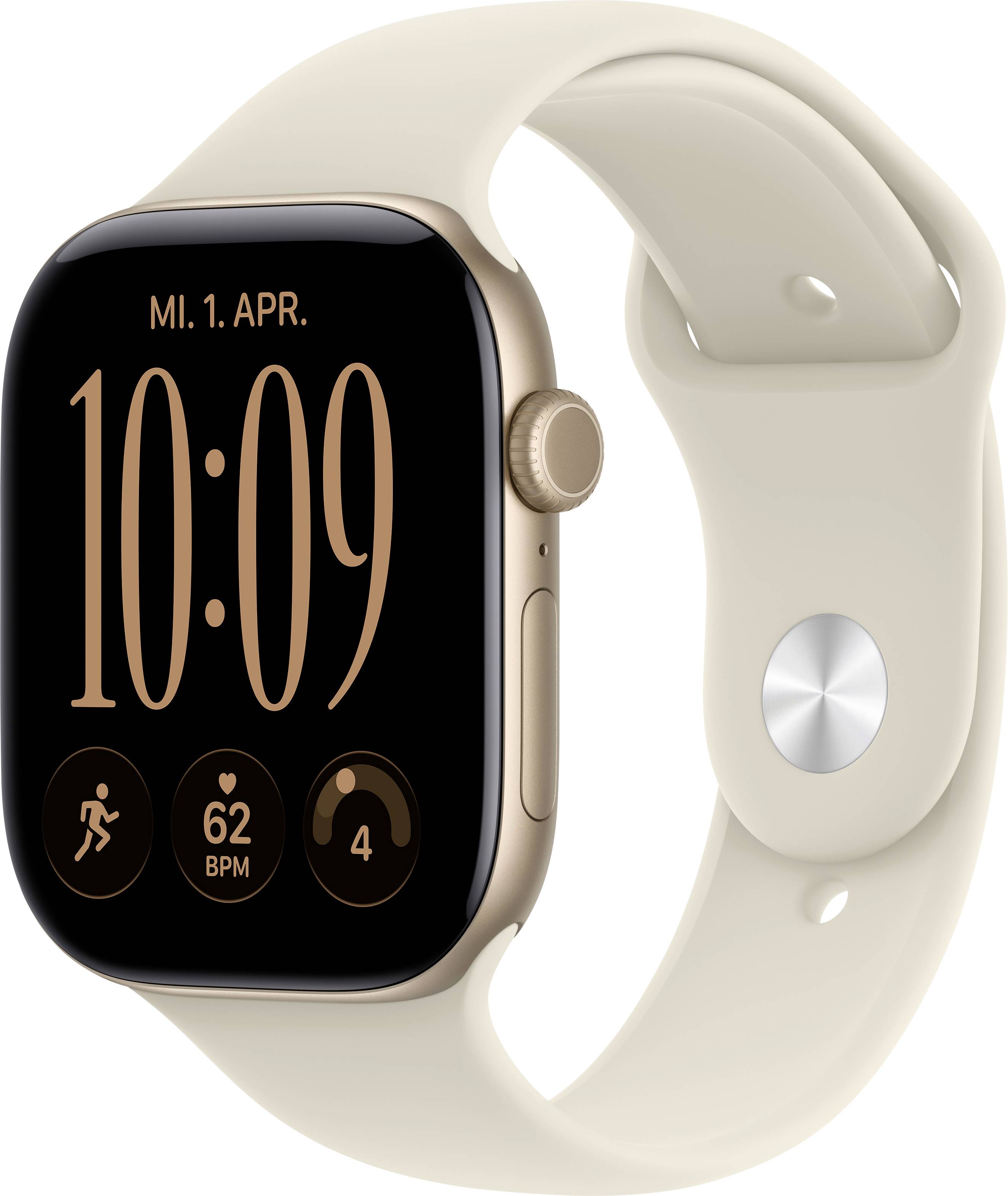 Gold Apple Watch mit cremefarbenem Sportarmband zeigt 10:09 Uhr, Datum „MI. 1. APR.